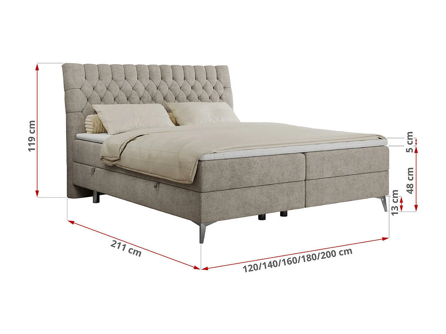 Boxspringbett MILEN - gepolstertes Schlafzimmerbett, zwei Multipocket-Matratze, dekorative hohe Beine - 120x200 cm - H4 - Beige Strukture