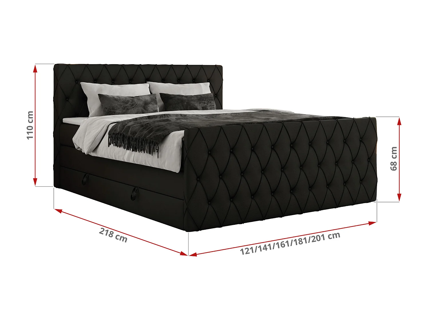 Boxspringbett MIREN KING DUO - für Schlafzimmer mit zwei Multipocket-Matratzen und Topper, gestepptes Kopfteil und Front  - 160x200 cm - H3 - Schwarz Kunstleder