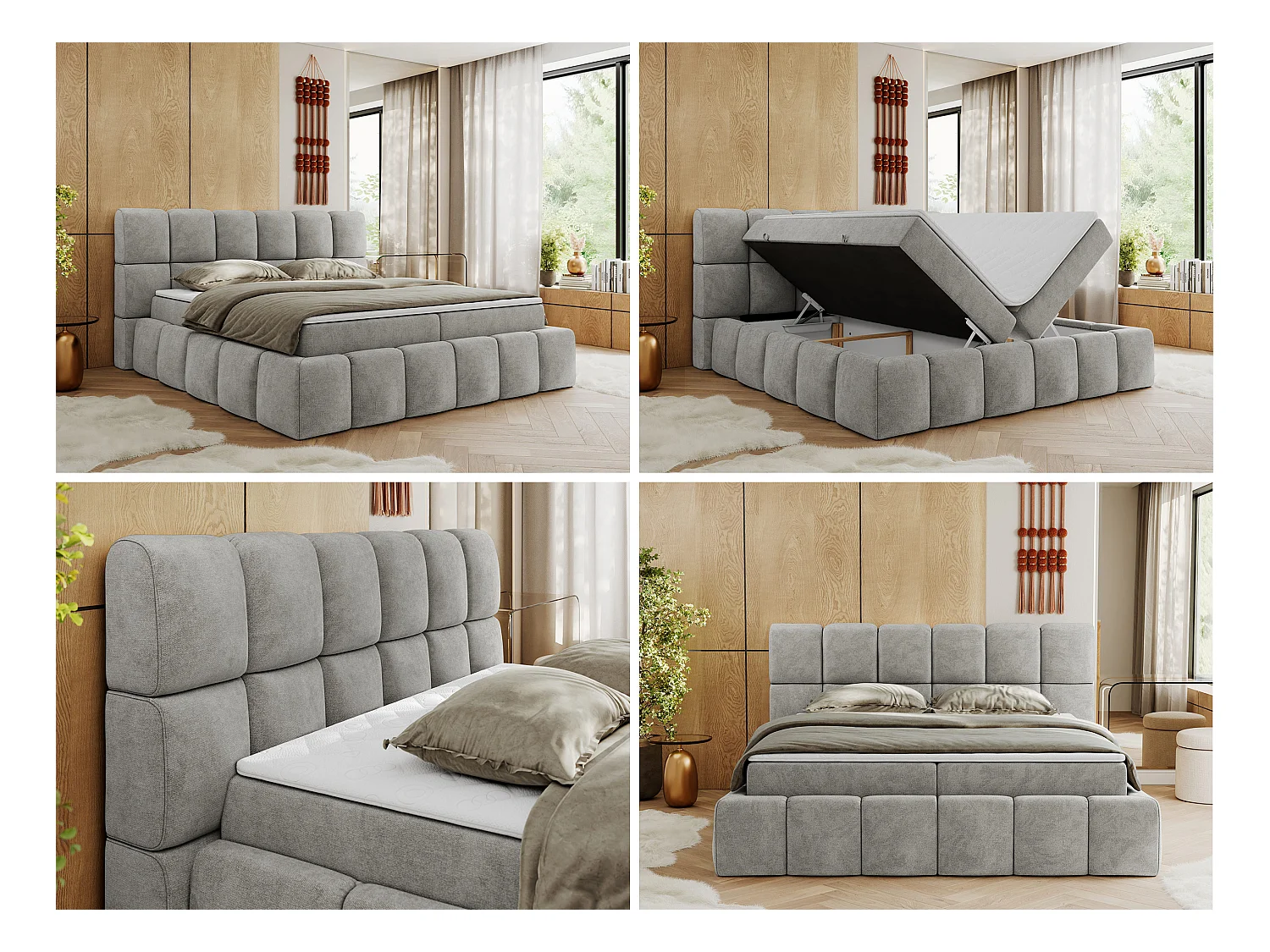 Boxspringbett NIRA - dekorativ kopfteil, Bettkästen und Multipocket-Matratze, Doppelbett für Schlafzimmer - 160x200 cm - H4 - Hellgrau Strukture