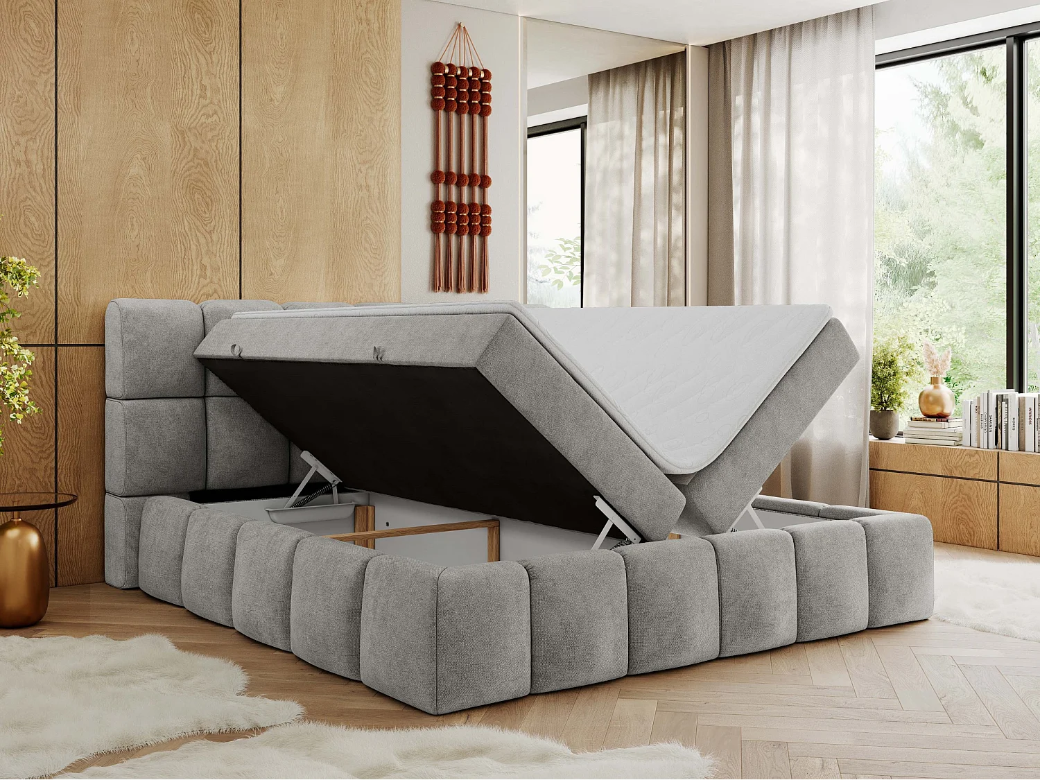 Boxspringbett NIRA - dekorativ kopfteil, Bettkästen und Multipocket-Matratze, Doppelbett für Schlafzimmer - 160x200 cm - H4 - Hellgrau Strukture