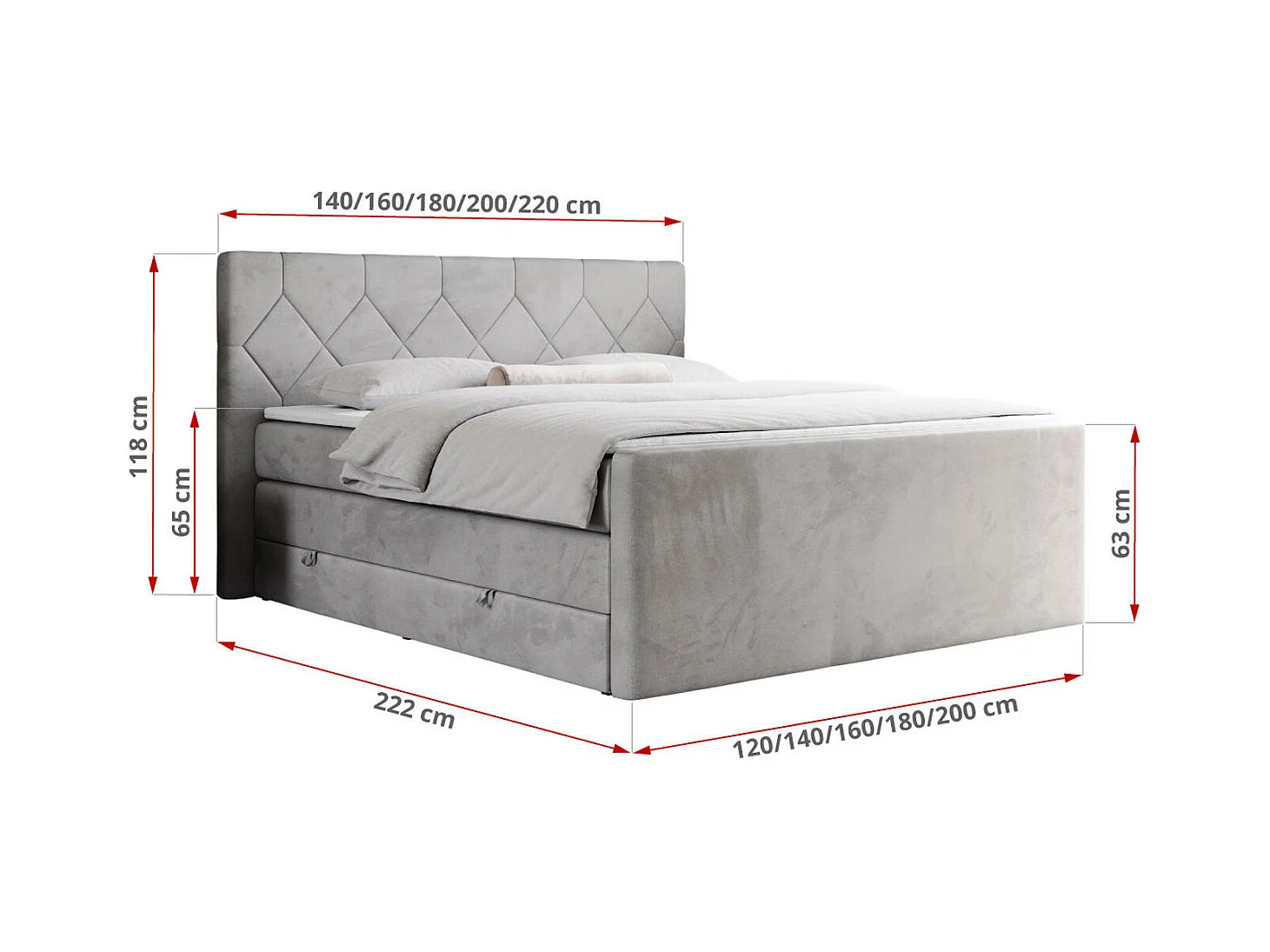 Boxspringbett EIGAR KING - Doppelbett mit genähtem Kopfteil, zwei Multipocket-Matratzen, Polsterbett für Schlafzimmer - 200x200 cm - H3 - Hellgrau Velvet