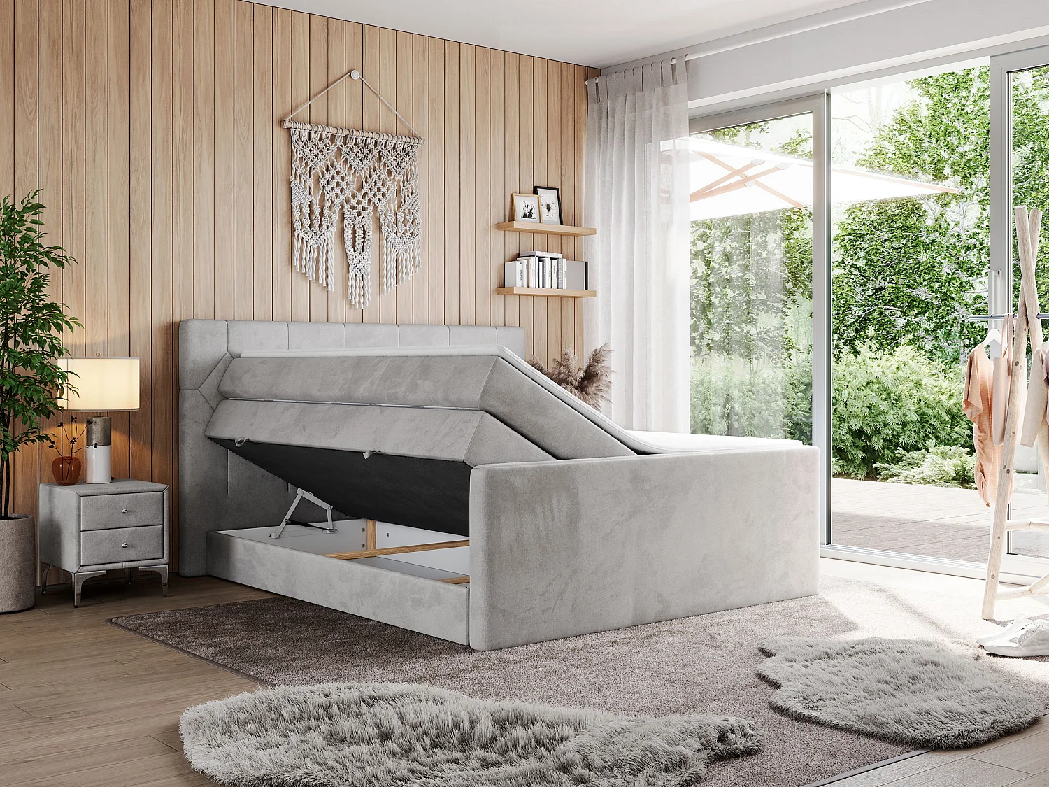 Boxspringbett EIGAR KING - Doppelbett mit genähtem Kopfteil, zwei Multipocket-Matratzen, Polsterbett für Schlafzimmer - 200x200 cm - H3 - Hellgrau Velvet