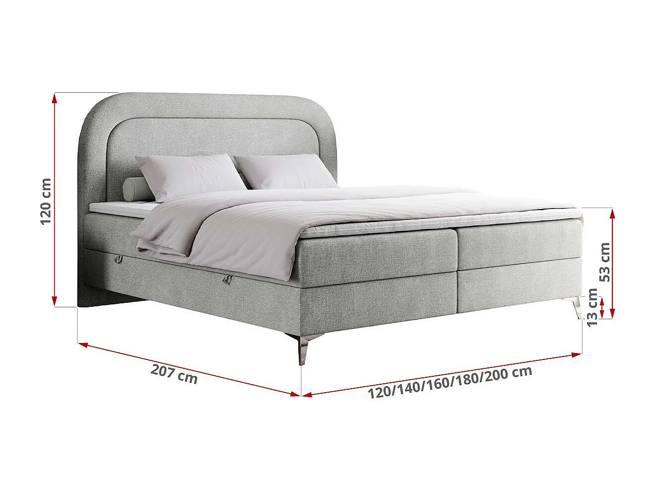 Boxspringbett EIRA - Polsterbett mit Stauraum, Set mit Kopfteil und Multipocket-Matratze, Metallbeine - 140x200 cm - H4 - Hellgrau Strukture