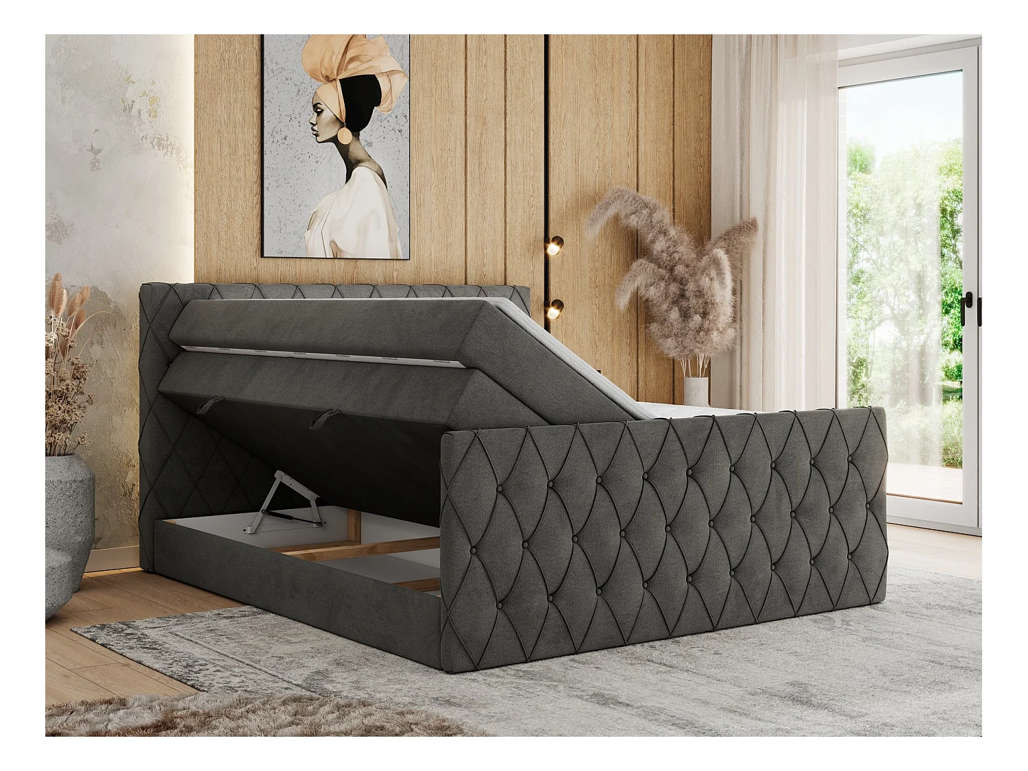 Boxspringbett MIREN KING DUO - für Schlafzimmer mit zwei Multipocket-Matratzen und Topper, gestepptes Kopfteil und Front  - 160x200 cm - H4 - Dunkelgrau Velvet