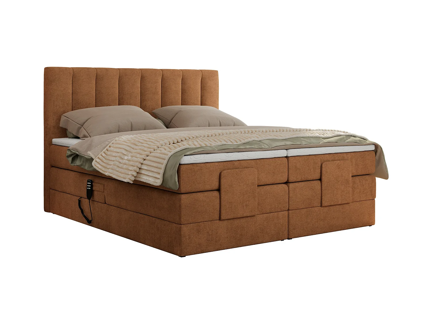 Boxspringbett COMFORTO - Doppelbett, Elektrisch verstellbare, Multipocket-Matratzen und Topper, genähtes Kopfteil - 160x200 cm - H3 - Orange Strukture