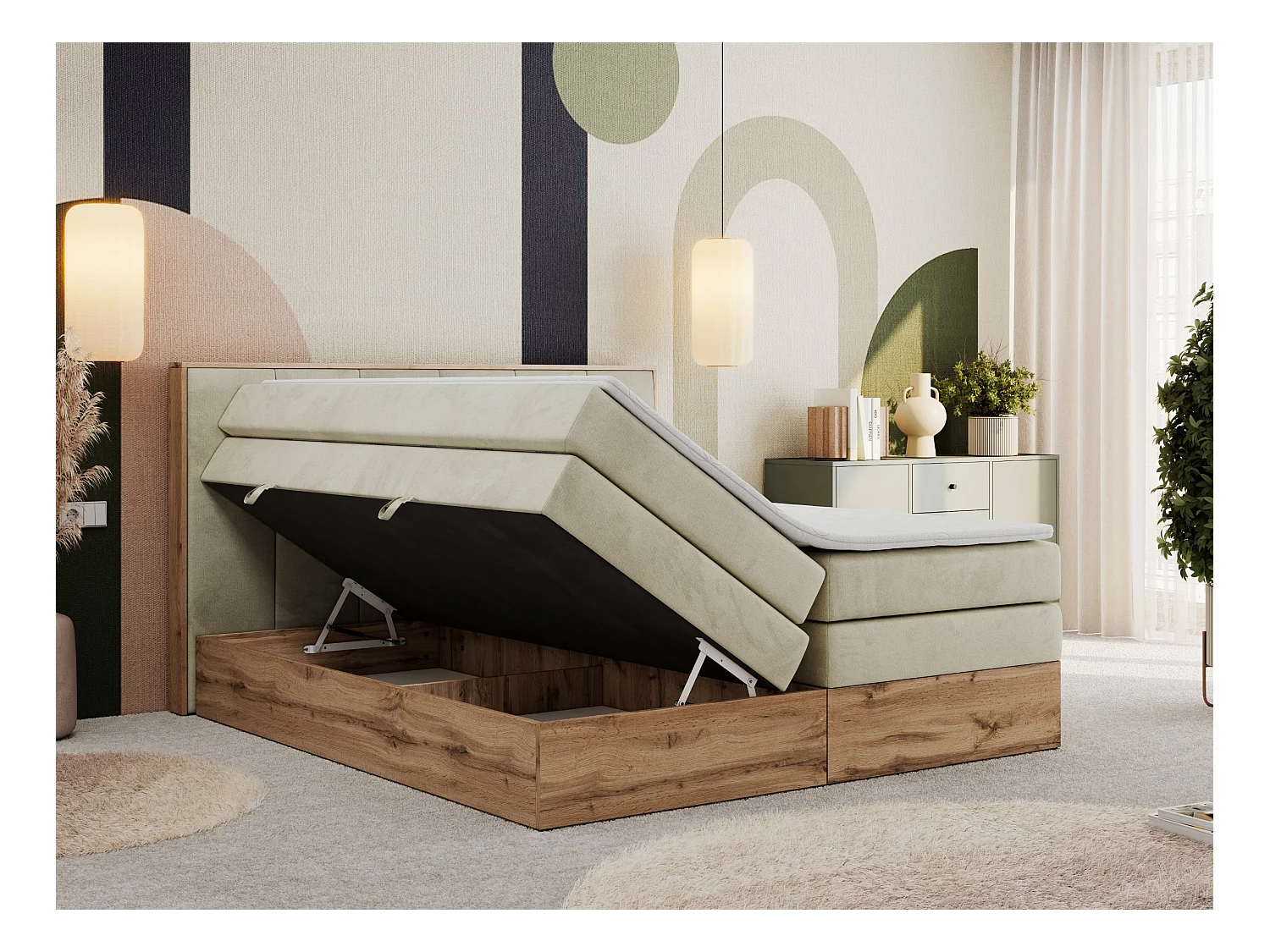 Boxspringbett ALBERO 1 KING - zwei 7 Härtezonen Multipocket-Matratzen, Doppelbett mit Stauraum, Eiche Wotan Holzrahmen - 200x200 cm - H4 - Beige Velvet