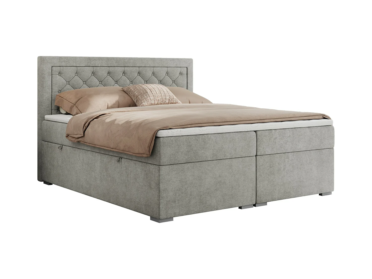 Boxspringbett JASIR - mit gestepptem Kopfteil, Doppelbett für Schlafzimmer, Multipocket-Matratze, Stauraum - 140x200 cm - H4 - Hellgrau Strukture