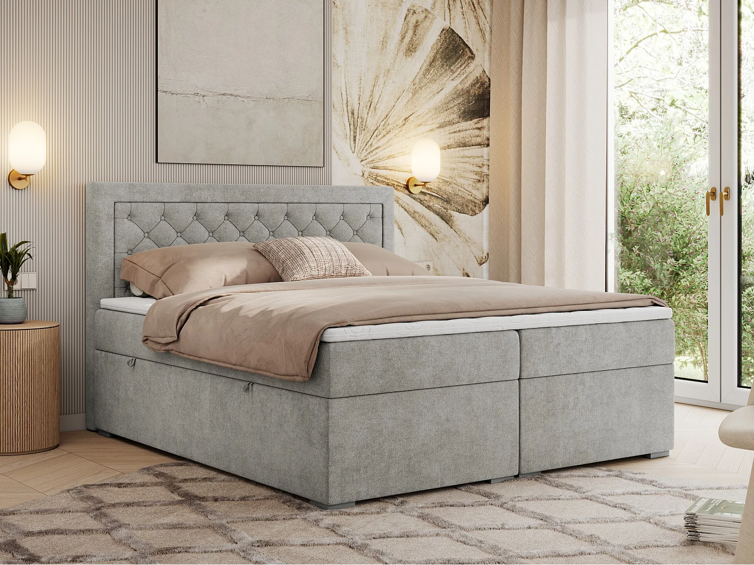 Boxspringbett JASIR - mit gestepptem Kopfteil, Doppelbett für Schlafzimmer, Multipocket-Matratze, Stauraum - 140x200 cm - H4 - Hellgrau Strukture