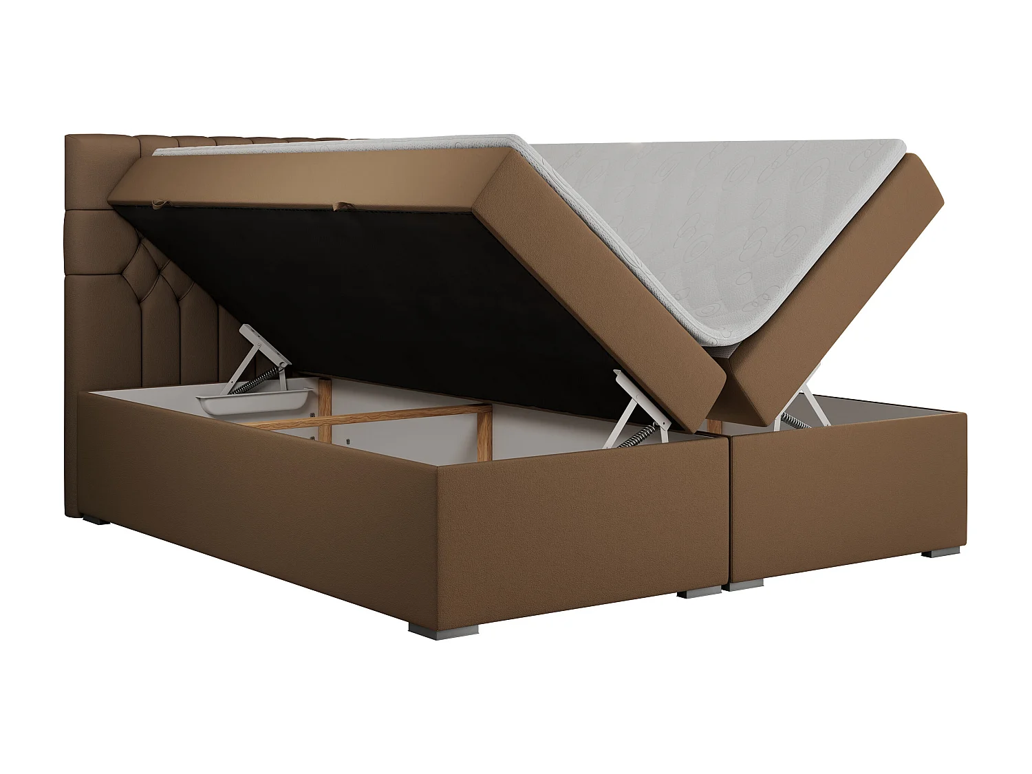Boxspringbett PERA - gesteppte Kopfstütze, Multipocket-Matratze und Topper, Doppelbett mit Stauraum - 140x200 cm - H4 - Braun Kunstleder