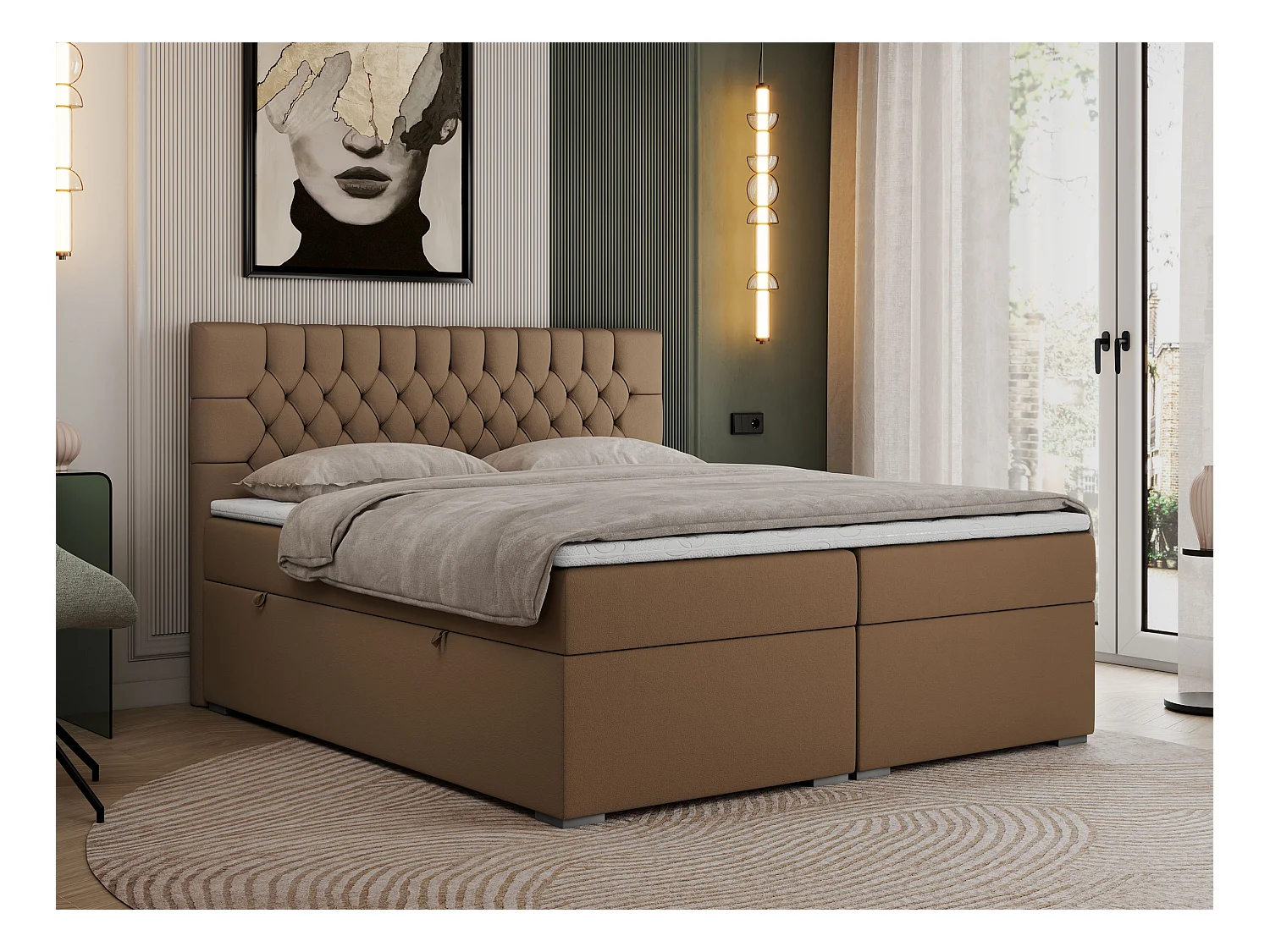 Boxspringbett PERA - gesteppte Kopfstütze, Multipocket-Matratze und Topper, Doppelbett mit Stauraum - 140x200 cm - H4 - Braun Kunstleder