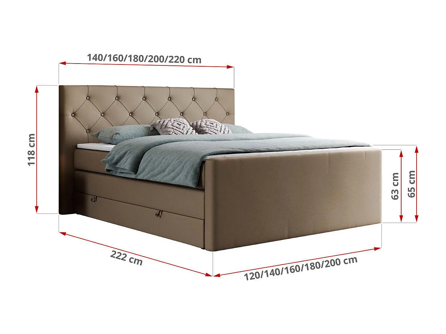 Boxspringbett VELEN KING - Doppelbett mit gestepptem Kopfteil, zwei Multipocket-Matratzen, Polsterbett mit Kopfstütze - 140x200 cm - H3 - Braun Kunstleder