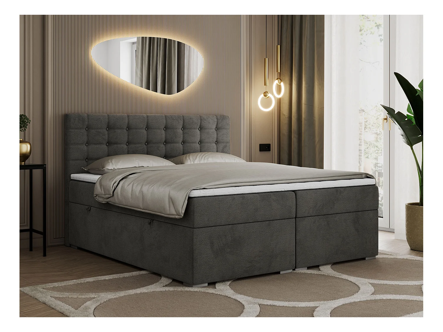 Boxspringbett SUSAN - mit gestepptem Kopfteil, zwei Bettkästen und Topper, gepolstertes Schlafzimmerbett - 120x200 cm - H3 - Dunkelgrau Velvet