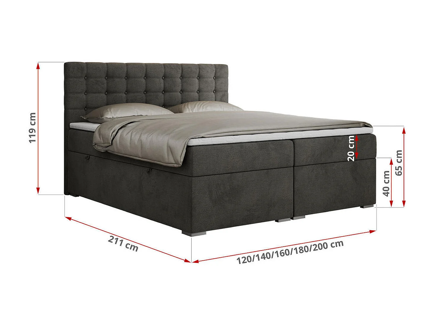 Boxspringbett SUSAN - mit gestepptem Kopfteil, zwei Bettkästen und Topper, gepolstertes Schlafzimmerbett - 120x200 cm - H3 - Dunkelgrau Velvet