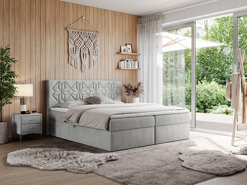 Boxspringbett LEILA - gestepptes Kopfteil,  7 Härtezonen Multipocket-Matratzen, Doppelbett mit Bettkästen - 180x200 cm - H3 - Hellgrau Strukture