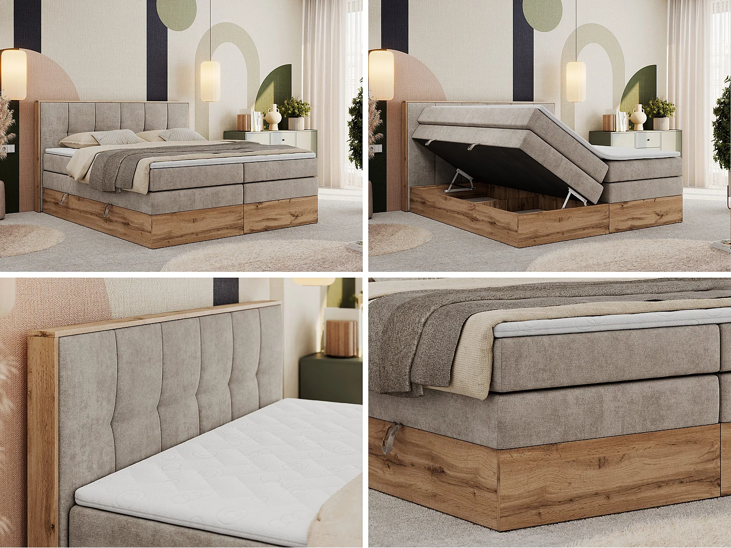Boxspringbett ALBERO 1 KING - zwei 7 Härtezonen Multipocket-Matratzen, Doppelbett mit Stauraum, Eiche Wotan Holzrahmen - 180x200 cm - H3 - Beige Strukture