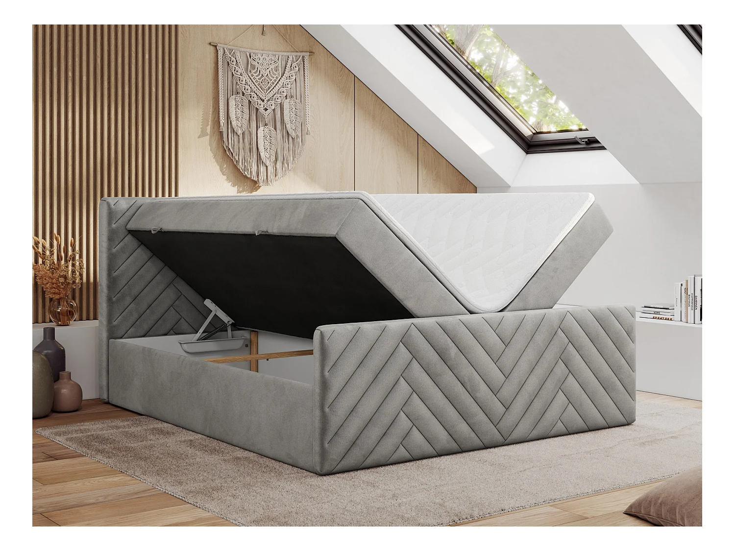 Boxspringbett PARIS DUO - Polsterbett mit genähtem Kopfteil und Frontplatte, Doppelbett, zwei Bettkästen - 200x200 cm - H3 - Hellgrau Velvet