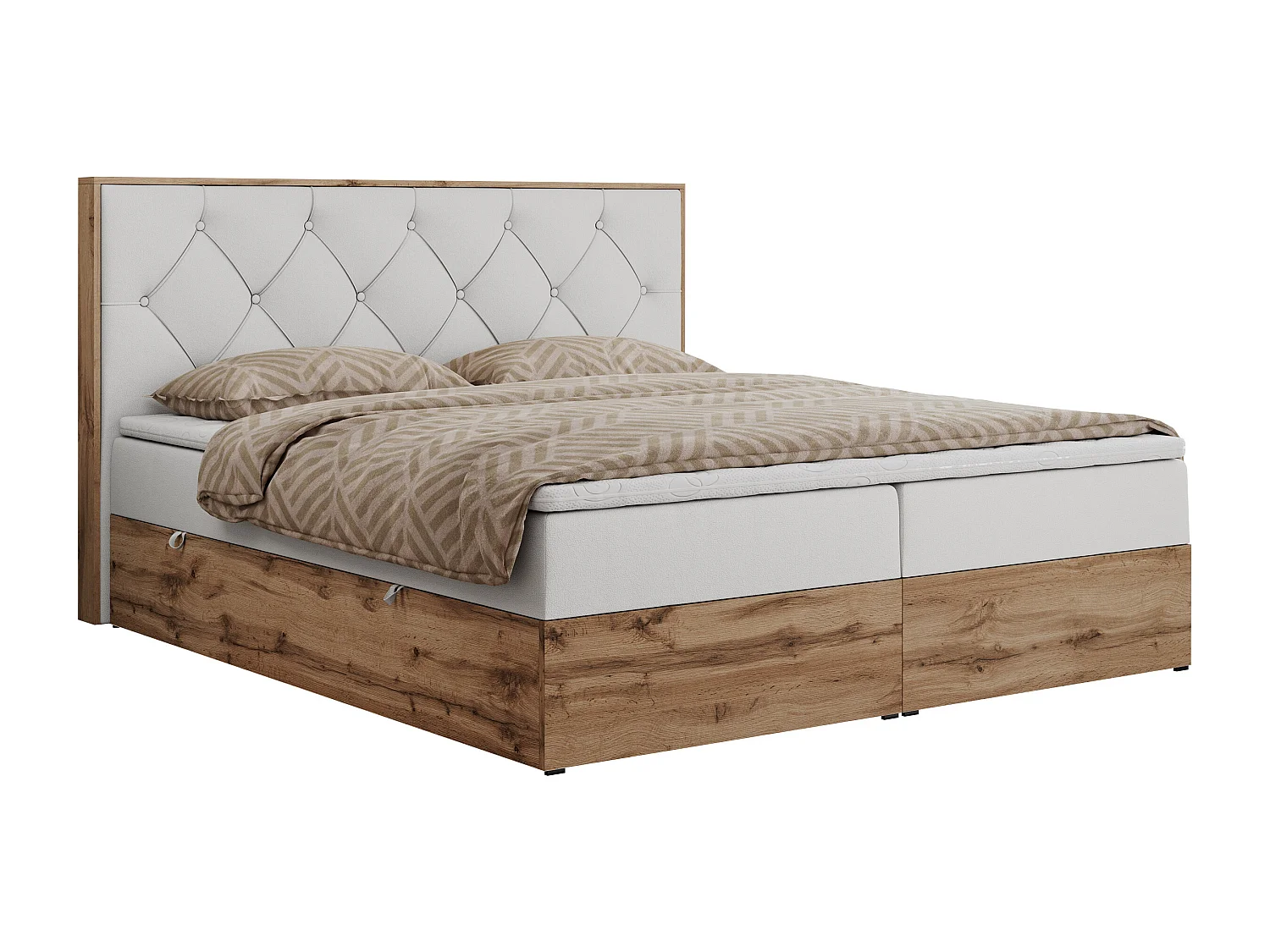 Boxspringbett VENETO - gestepptem Kopfteil, Set mit Multipocket-Matratze und Topper, Holzrahmen, zwei Bettkästen - 200x200 cm - H4 - Weiß Kunstleder