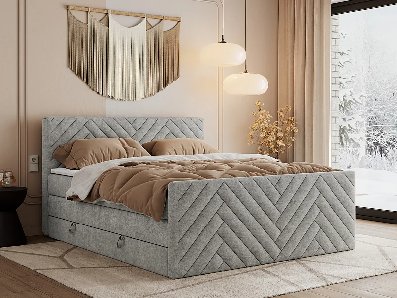 Boxspringbett PARIS KING DUO - dekorative Kopfstütze und Front, zwei Multipocket-Matratze mit Topper - 200x200 cm - H3 - Hellgrau Strukture