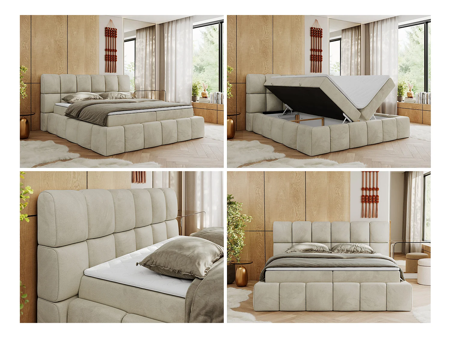 Boxspringbett NIRA - dekorativ kopfteil, Bettkästen und Multipocket-Matratze, Doppelbett für Schlafzimmer - 140x200 cm - H4 - Beige Velvet
