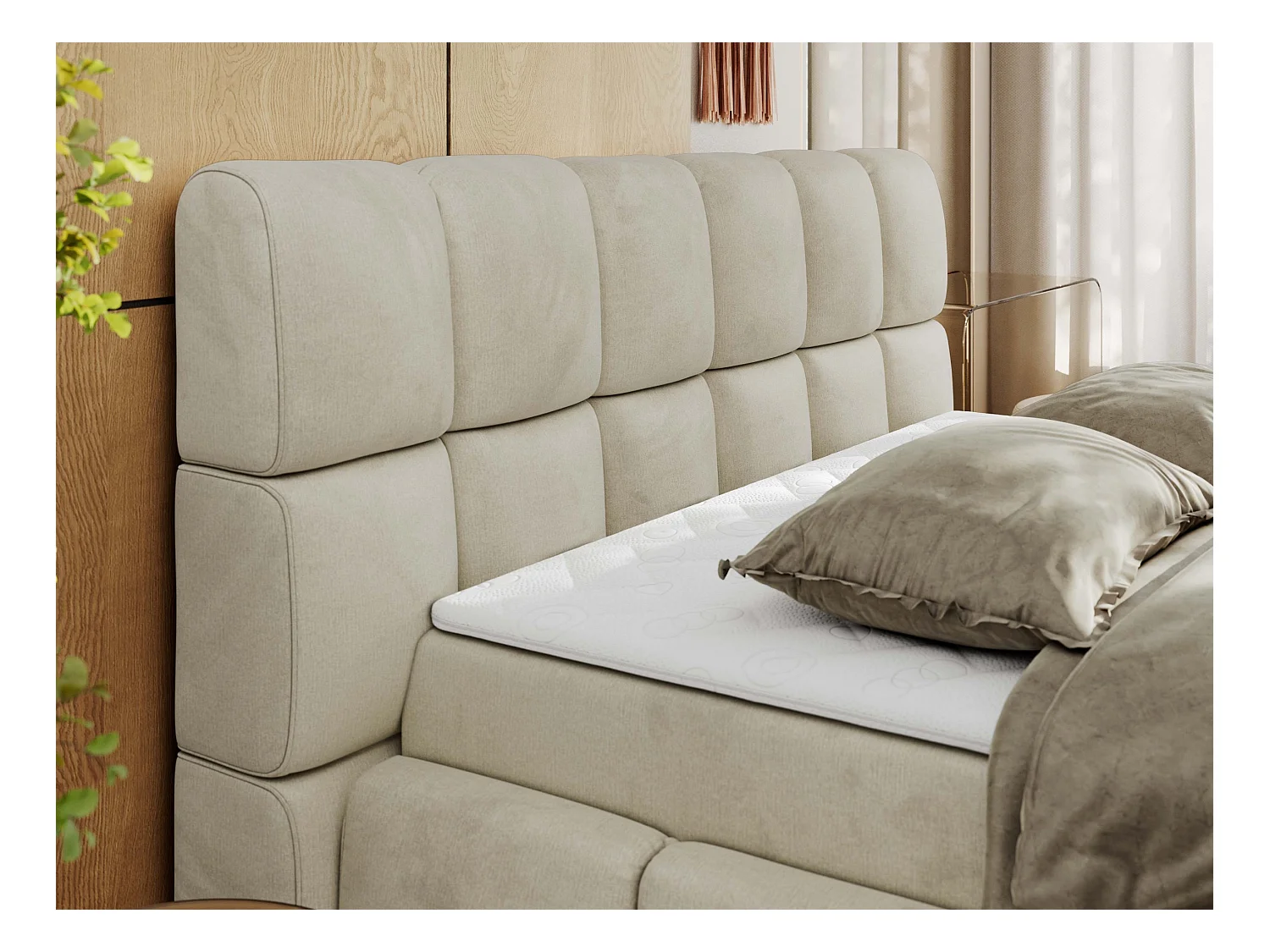 Boxspringbett NIRA - dekorativ kopfteil, Bettkästen und Multipocket-Matratze, Doppelbett für Schlafzimmer - 140x200 cm - H4 - Beige Velvet