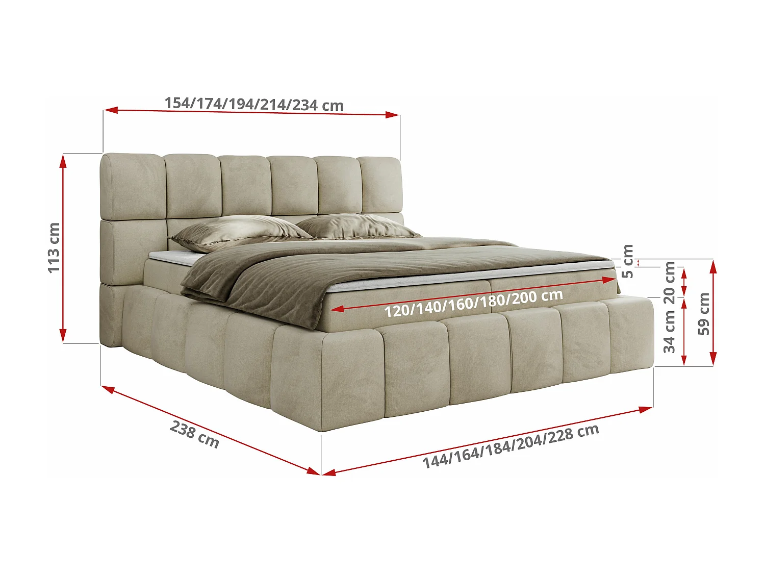 Boxspringbett NIRA - dekorativ kopfteil, Bettkästen und Multipocket-Matratze, Doppelbett für Schlafzimmer - 140x200 cm - H4 - Beige Velvet
