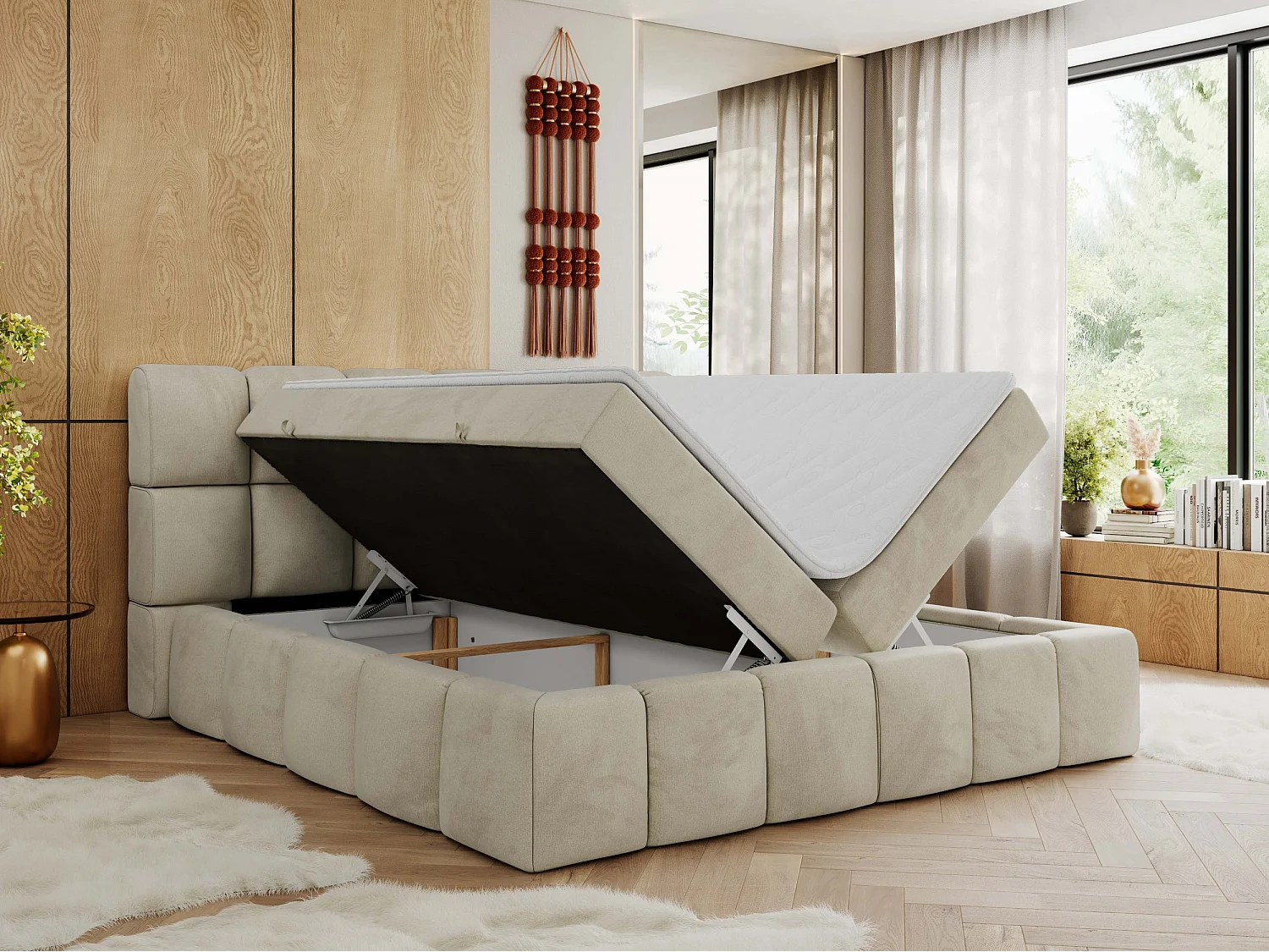 Boxspringbett NIRA - dekorativ kopfteil, Bettkästen und Multipocket-Matratze, Doppelbett für Schlafzimmer - 140x200 cm - H4 - Beige Velvet