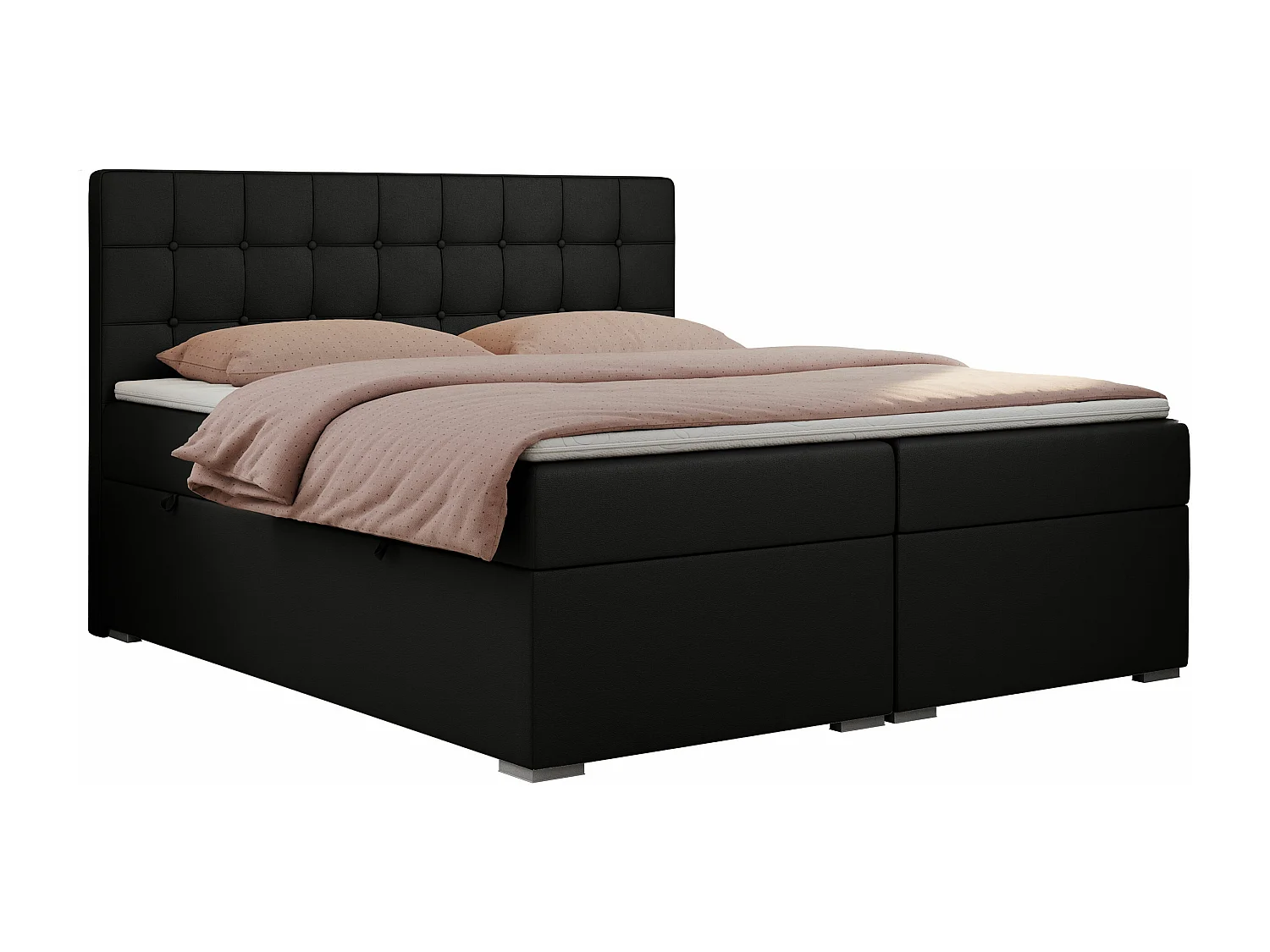 Boxspringbett CARMEN - Polsterbett mit zwei Bettkästen, gesteppte Kopfstütze, Multipocket-Matratze - 200x200 cm - H4 - Schwarz Kunstleder