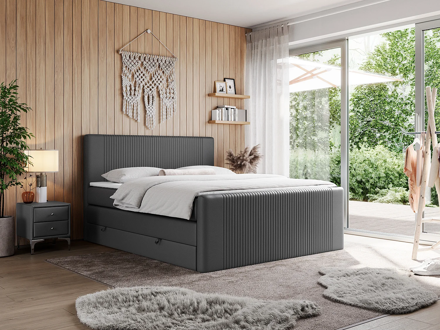 Boxspringbett DOREN KING - mit gesteppter Front und Kopfteil, zwei Multipocket-Matratzen und Topper, Doppelbett - 180x200 cm - H3 - Dunkelgrau Kunstleder