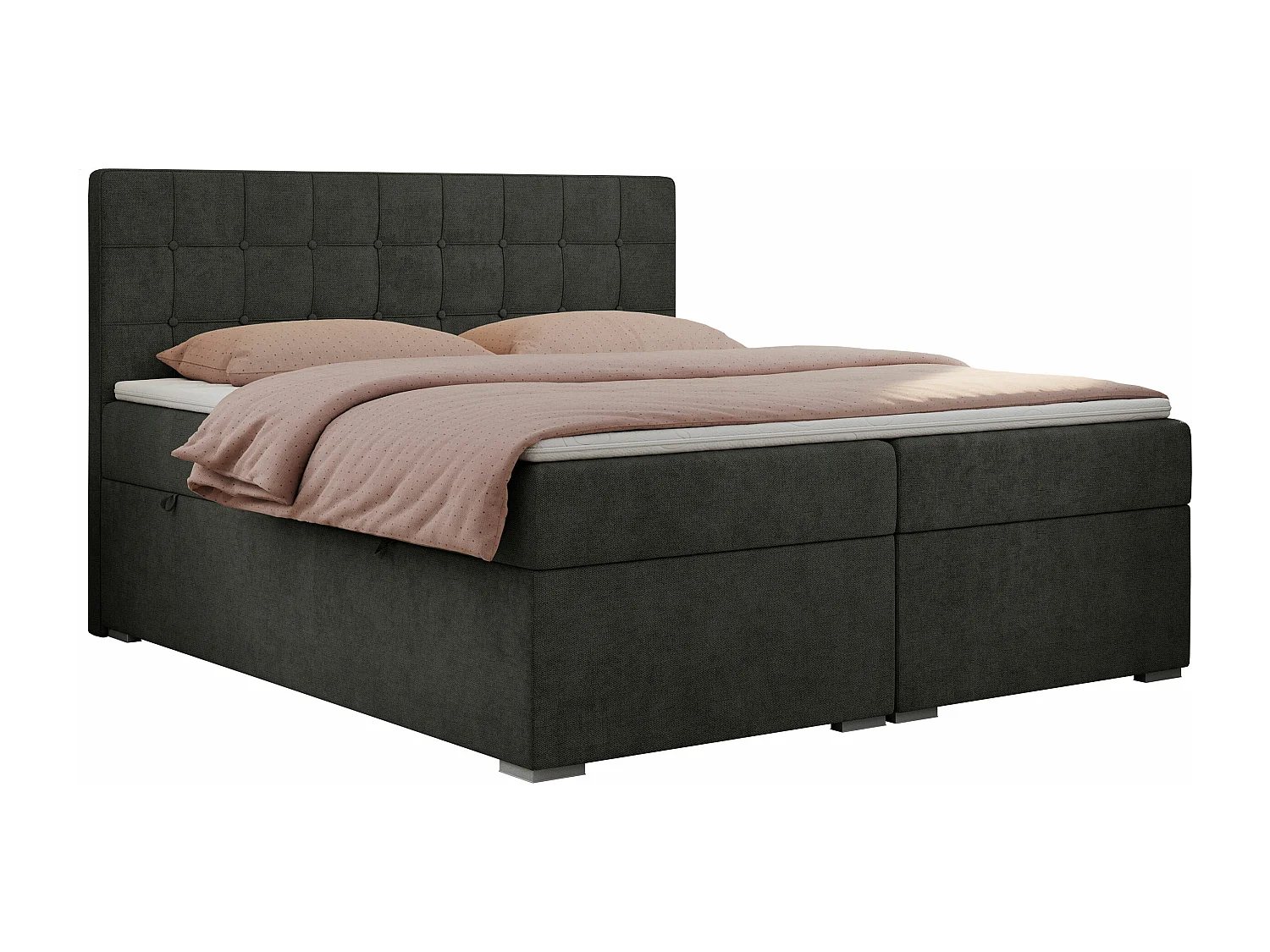 Boxspringbett CARMEN - Polsterbett mit zwei Bettkästen, gesteppte Kopfstütze, Multipocket-Matratze - 140x200 cm - H4 - Dunkelgrau Stukture
