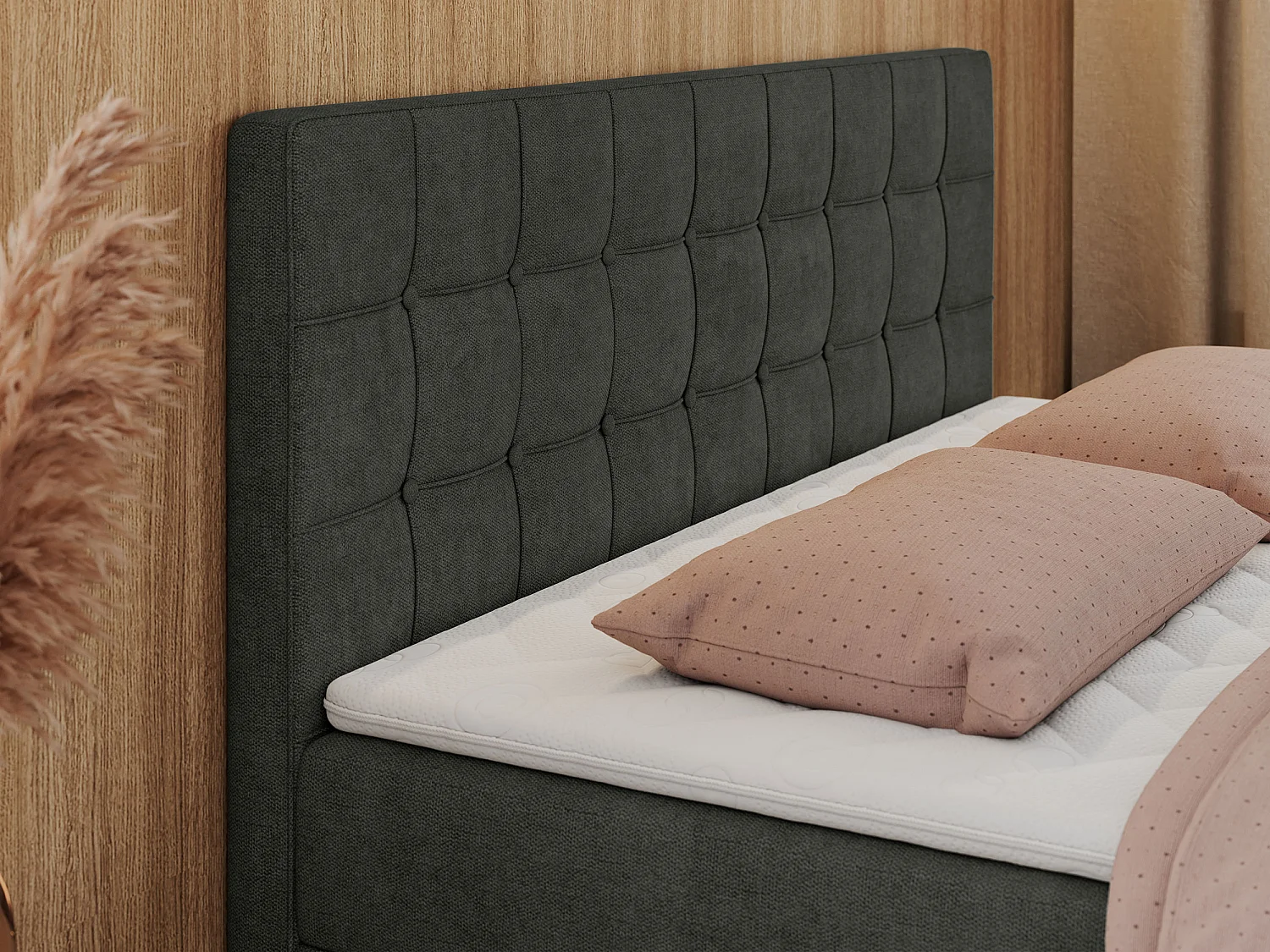 Boxspringbett CARMEN - Polsterbett mit zwei Bettkästen, gesteppte Kopfstütze, Multipocket-Matratze - 140x200 cm - H4 - Dunkelgrau Stukture