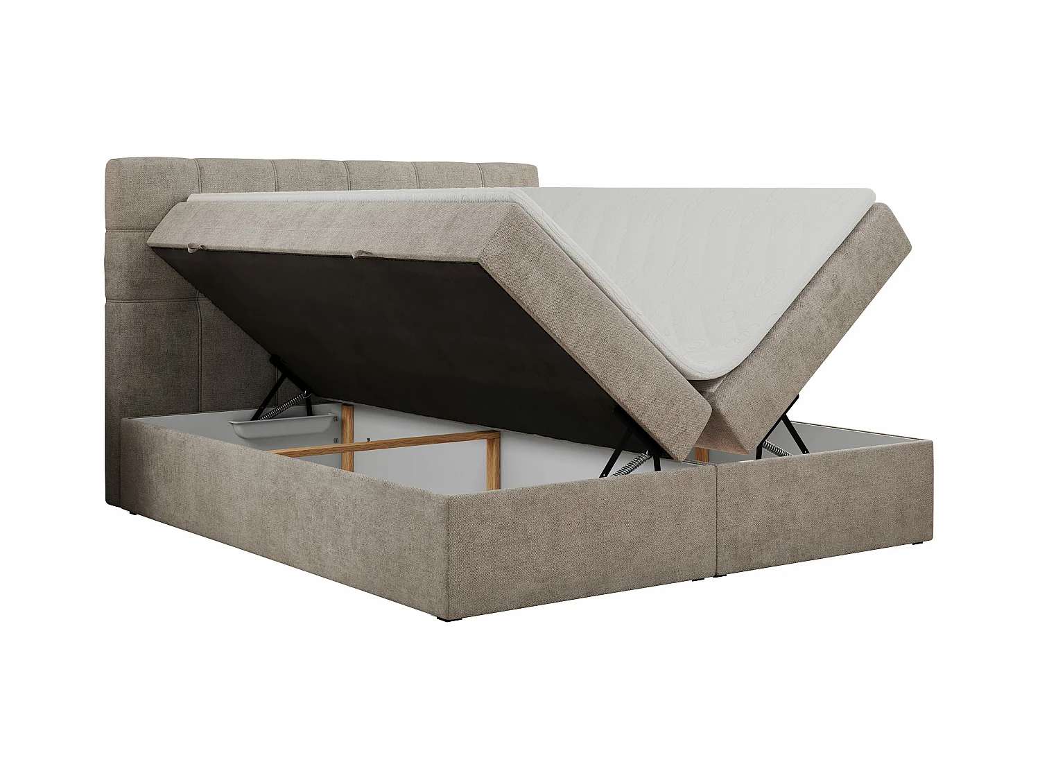Boxspringbett ERNI - mit gestepptem Kopfteil, Polsterbett, Multipocket-Matratze und Topper, Bettkästen - 180x200 cm - H3 - Beige Stukture