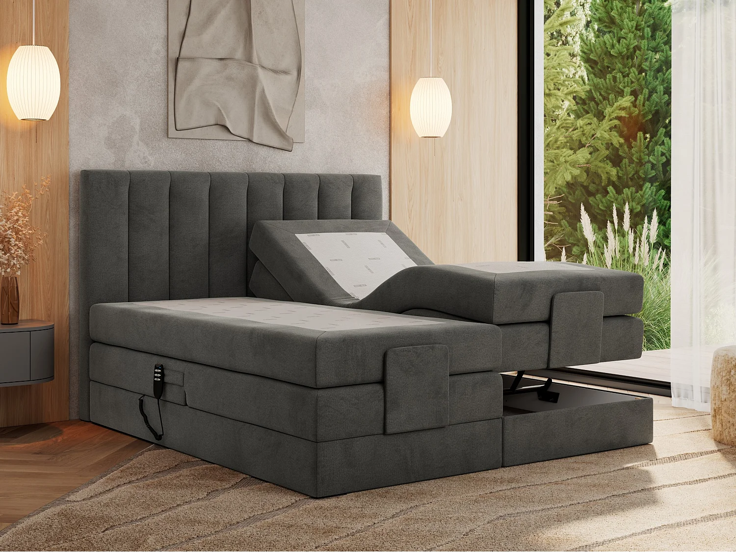 Boxspringbett COMFORTO - Doppelbett, Elektrisch verstellbare, Multipocket-Matratzen und Topper, genähtes Kopfteil - 180x200 cm - H4 - Dunkelgrau Velvet