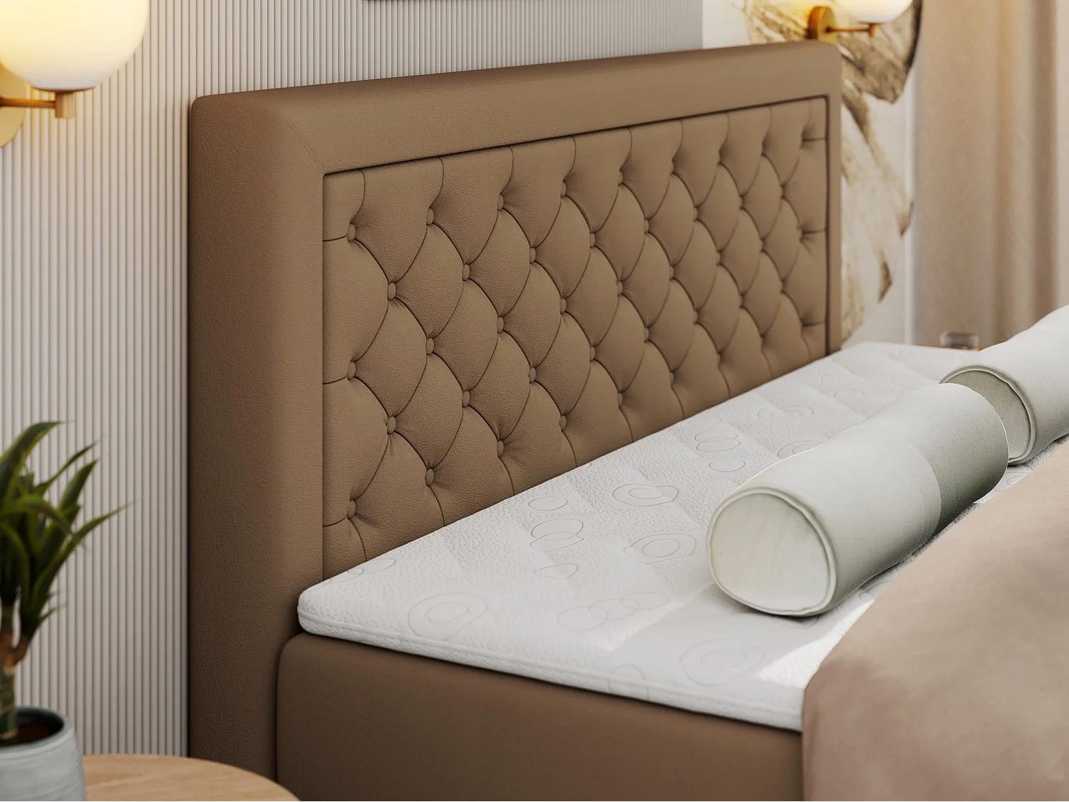 Boxspringbett JASIR - mit gestepptem Kopfteil, Doppelbett für Schlafzimmer, Multipocket-Matratze, Stauraum - 180x200 cm - H4 - Braun Kunstleder