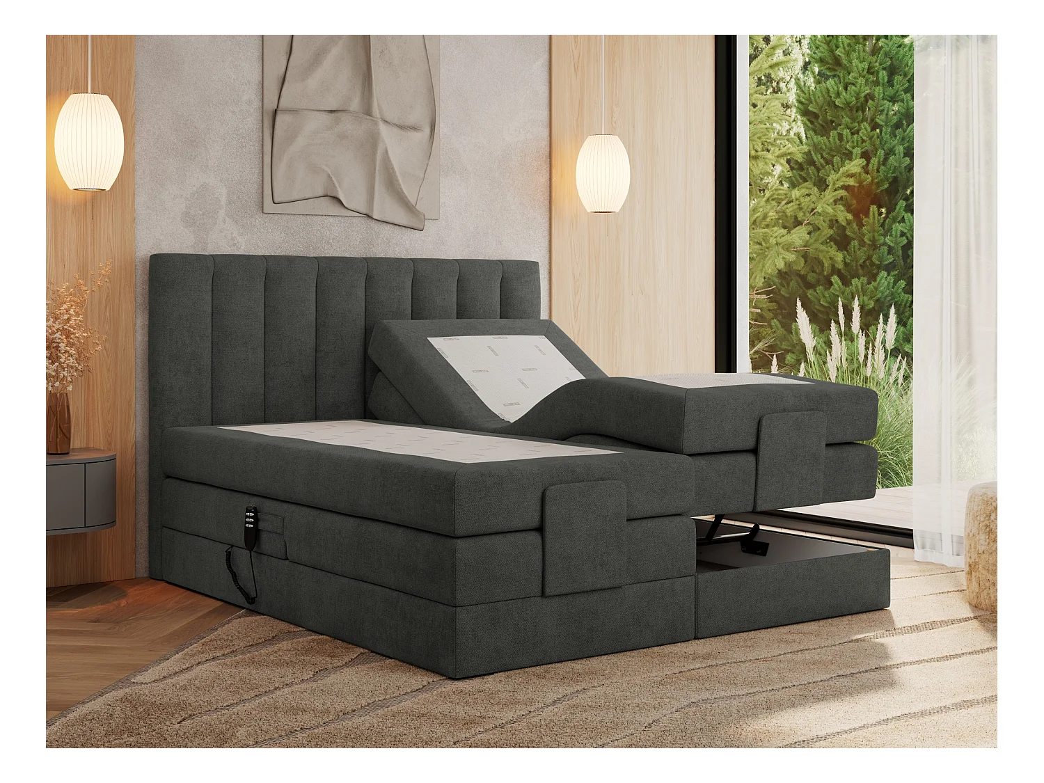 Boxspringbett COMFORTO - Doppelbett, Elektrisch verstellbare, Multipocket-Matratzen und Topper, genähtes Kopfteil - 180x200 cm - H4 - Dunkelgrau Strukture