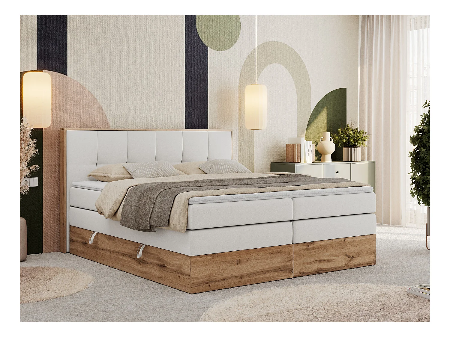 Boxspringbett ALBERO 1 KING - zwei 7 Härtezonen Multipocket-Matratzen, Doppelbett mit Stauraum, Eiche Wotan Holzrahmen - 180x200 cm - H4 - Weiß Kunstleder