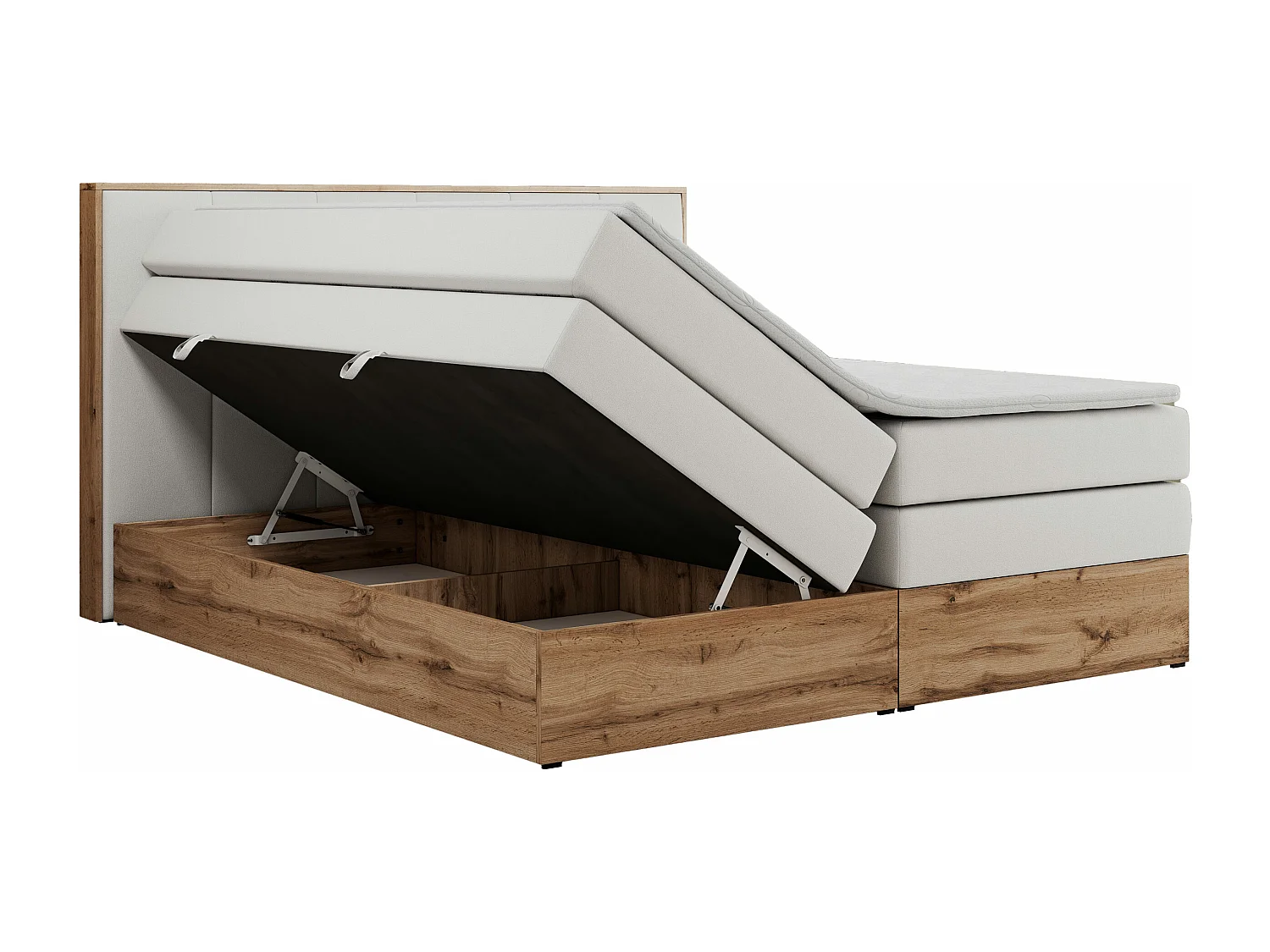 Boxspringbett ALBERO 1 KING - zwei 7 Härtezonen Multipocket-Matratzen, Doppelbett mit Stauraum, Eiche Wotan Holzrahmen - 180x200 cm - H4 - Weiß Kunstleder