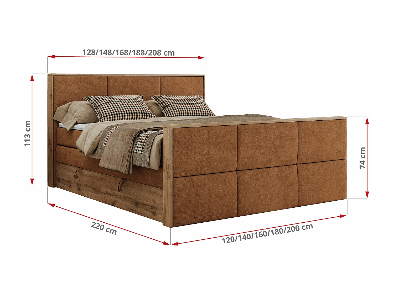Boxspringbett ALBERO 2 KING DUO - Eiche Wotan Holzrahmen, zwei Multipocket-Matratzen, Bettkästen - 140x200 cm - H3 - Orange Strukture
