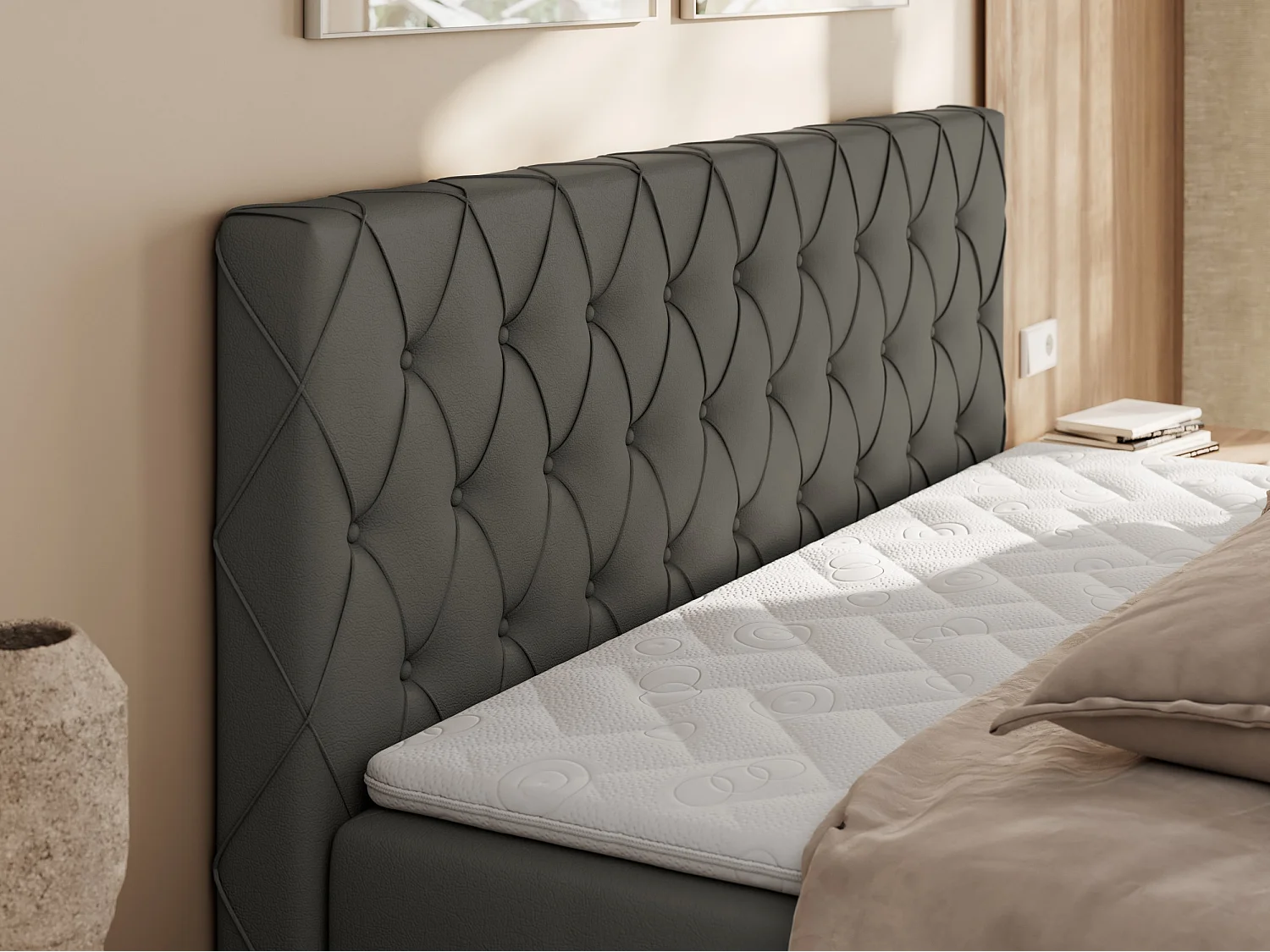 Boxspringbett MIREN DUO - mit gestepptem Kopfteil und Front, Multipocket-Matratze, zwei Bettkästen - 140x200 cm - H3 - Grau Kunstleder