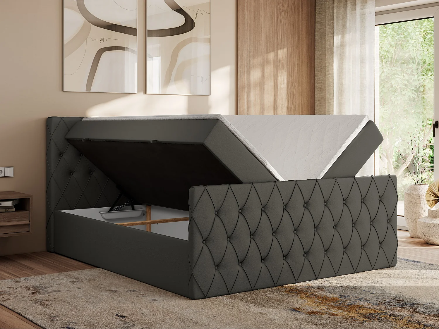 Boxspringbett MIREN DUO - mit gestepptem Kopfteil und Front, Multipocket-Matratze, zwei Bettkästen - 140x200 cm - H3 - Grau Kunstleder