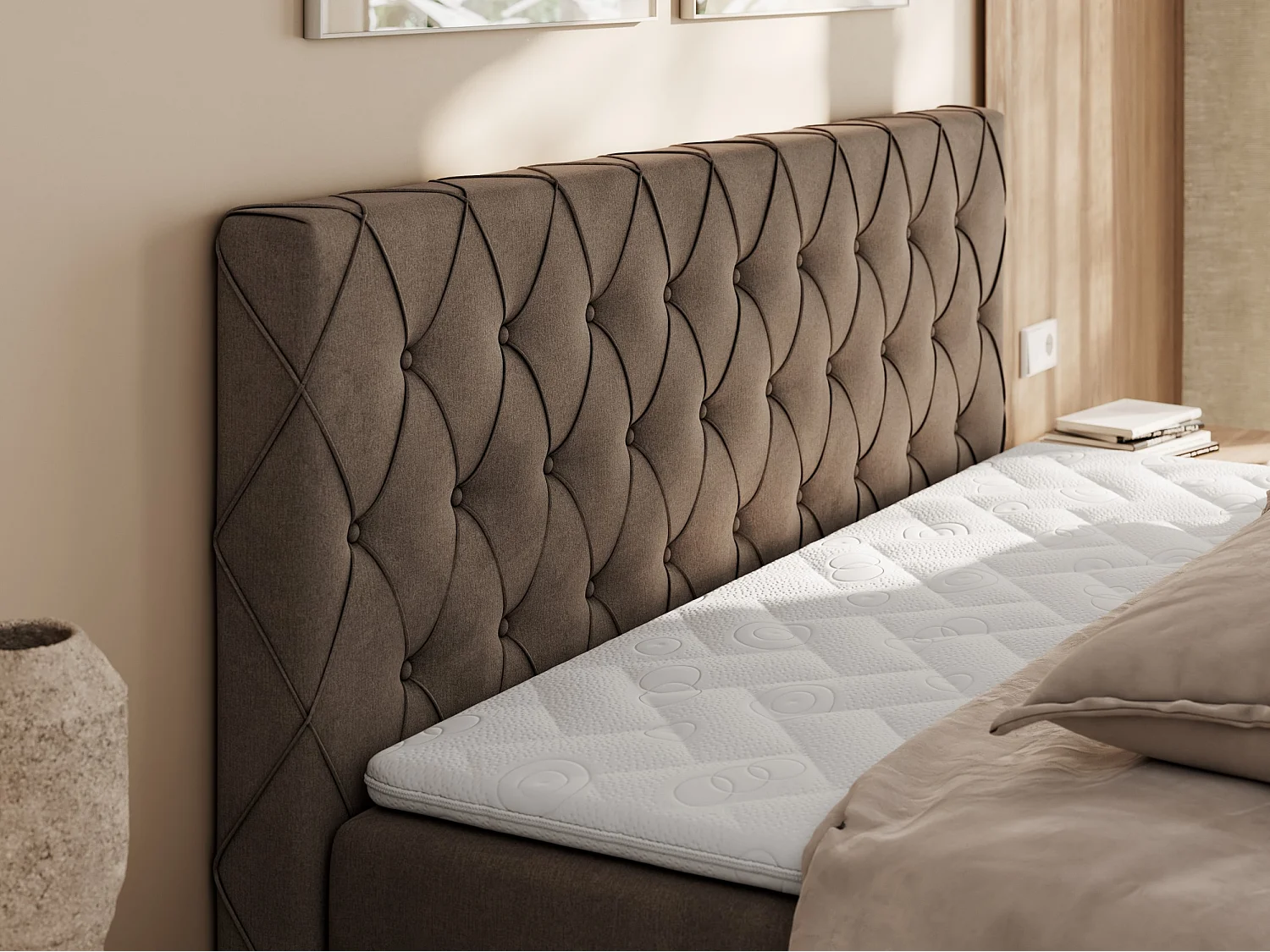 Boxspringbett MIREN DUO - mit gestepptem Kopfteil und Front, Multipocket-Matratze, zwei Bettkästen - 160x200 cm - H3 - Braun Velvet