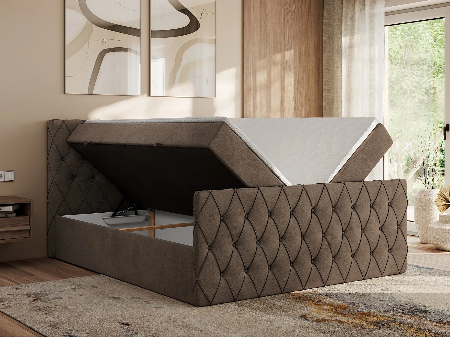 Boxspringbett MIREN DUO - mit gestepptem Kopfteil und Front, Multipocket-Matratze, zwei Bettkästen - 160x200 cm - H3 - Braun Velvet