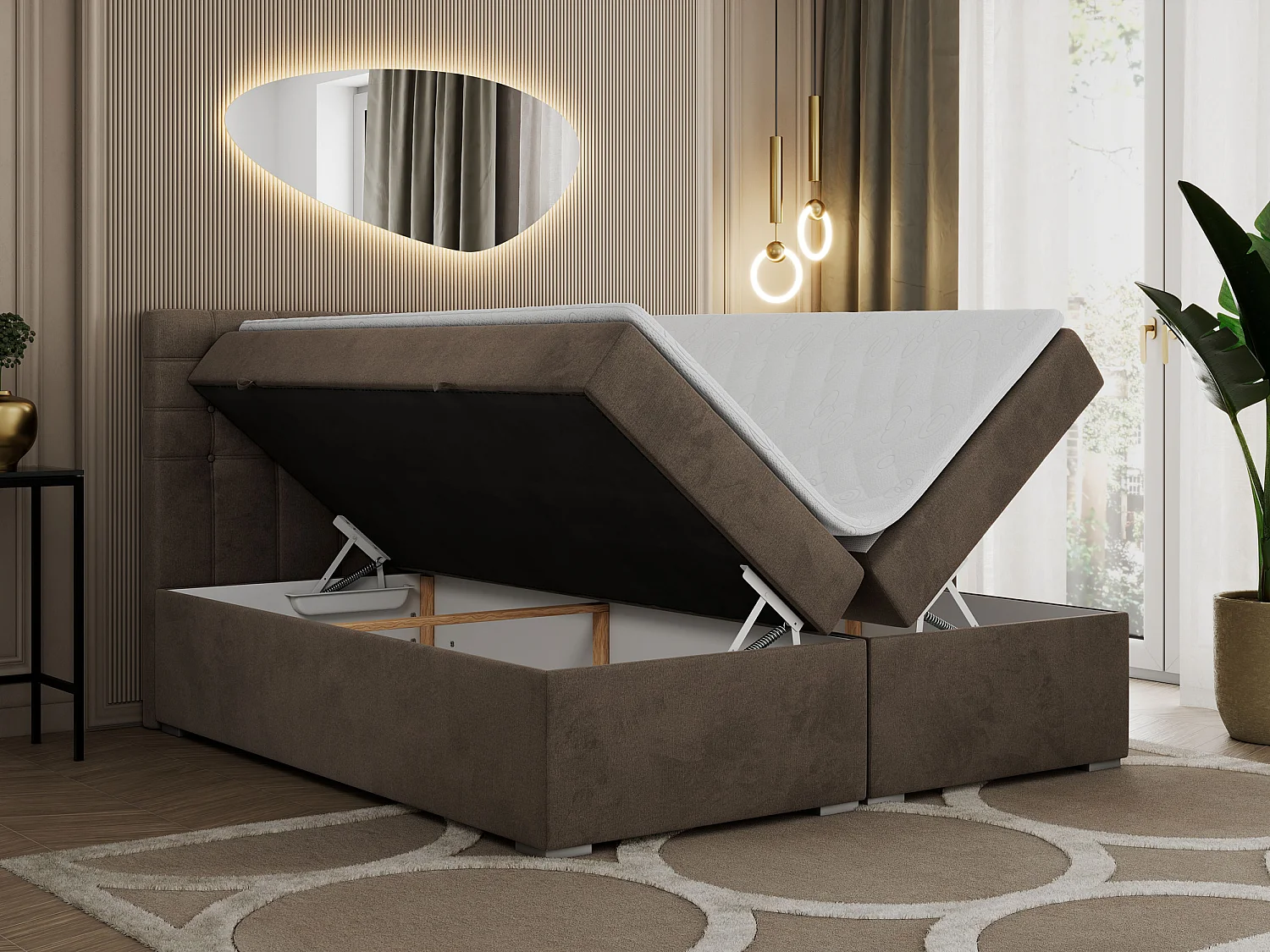 Boxspringbett SUSAN - mit gestepptem Kopfteil, zwei Bettkästen und Topper, gepolstertes Schlafzimmerbett - 160x200 cm - H3 - Braun Velvet