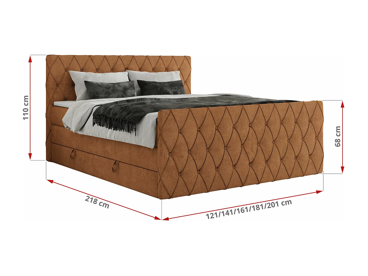 Boxspringbett MIREN KING DUO - für Schlafzimmer mit zwei Multipocket-Matratzen und Topper, gestepptes Kopfteil und Front  - 120x200 cm - H3 - Orange Strukture