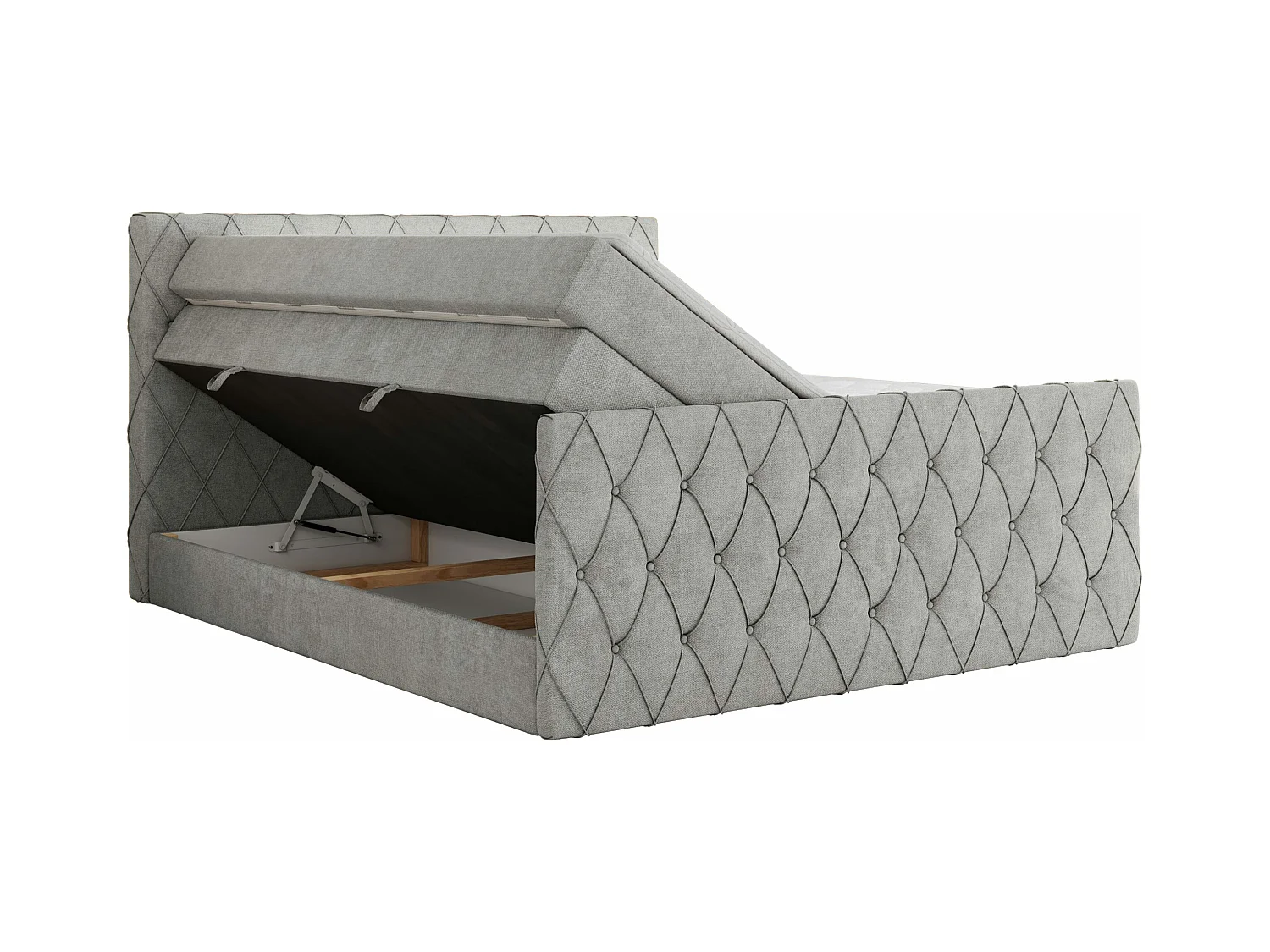 Boxspringbett MIREN KING DUO - für Schlafzimmer mit zwei Multipocket-Matratzen und Topper, gestepptes Kopfteil und Front  - 120x200 cm - H3 - Hellgrau Strukture