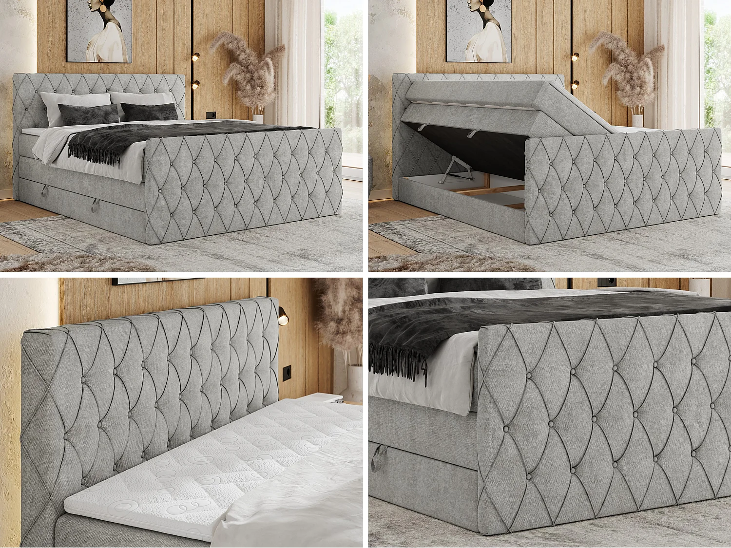 Boxspringbett MIREN KING DUO - für Schlafzimmer mit zwei Multipocket-Matratzen und Topper, gestepptes Kopfteil und Front  - 120x200 cm - H3 - Hellgrau Strukture
