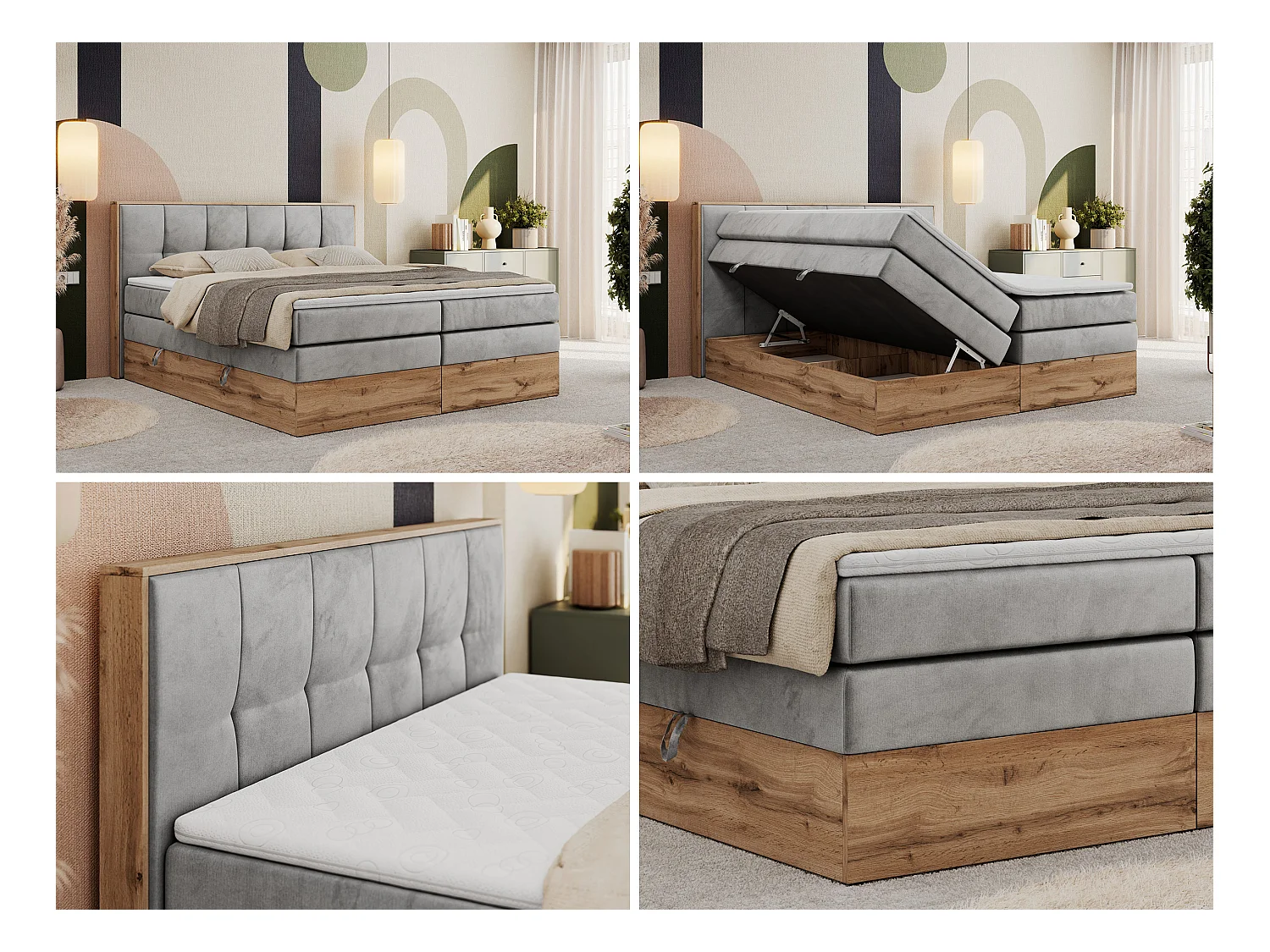 Boxspringbett ALBERO 1 KING - zwei 7 Härtezonen Multipocket-Matratzen, Doppelbett mit Stauraum, Eiche Wotan Holzrahmen - 200x200 cm - H4 - Hellgrau Velvet