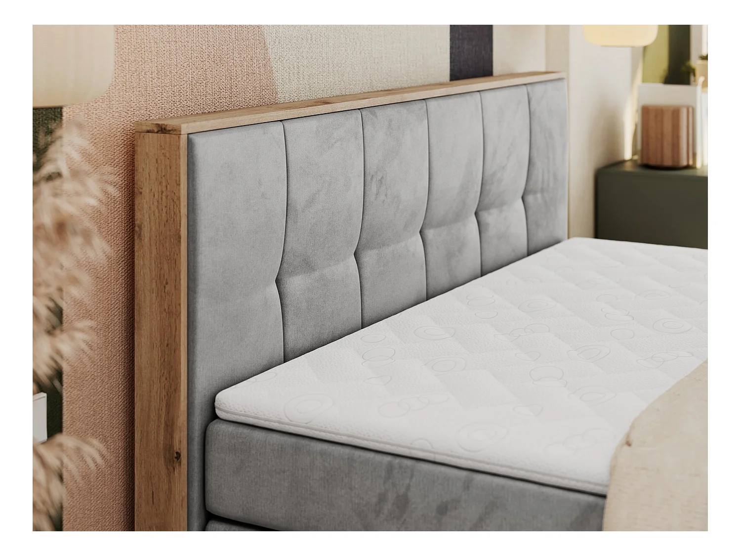 Boxspringbett ALBERO 1 KING - zwei 7 Härtezonen Multipocket-Matratzen, Doppelbett mit Stauraum, Eiche Wotan Holzrahmen - 200x200 cm - H4 - Hellgrau Velvet