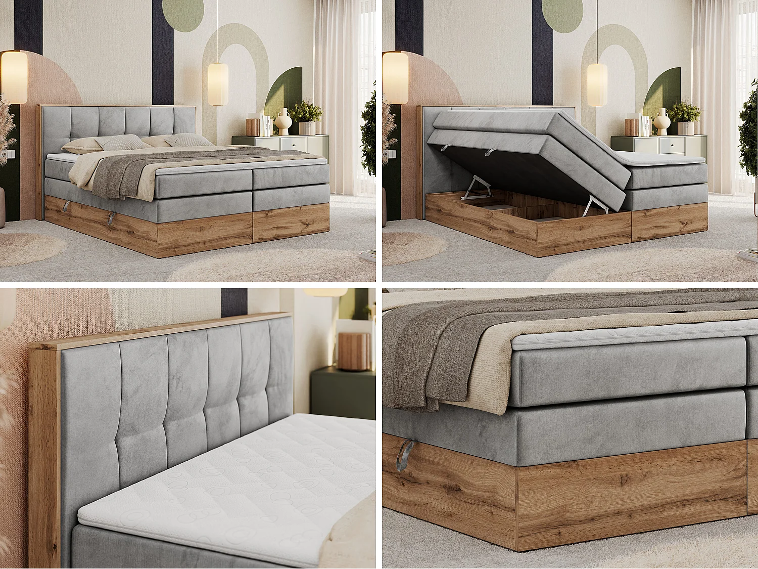 Boxspringbett ALBERO 1 KING - zwei 7 Härtezonen Multipocket-Matratzen, Doppelbett mit Stauraum, Eiche Wotan Holzrahmen - 200x200 cm - H4 - Hellgrau Velvet