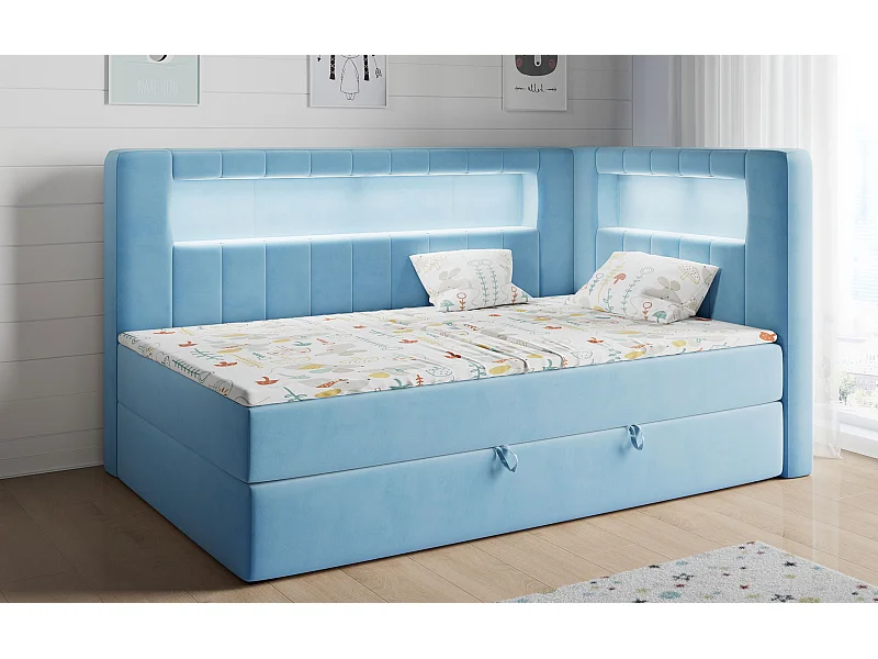 Kinderbett JUNIOR GOLD 3 - Einzelbett mit Matratze, LED-Beleuchtung, Bettkasten - 90x200 cm - Rechts Seite