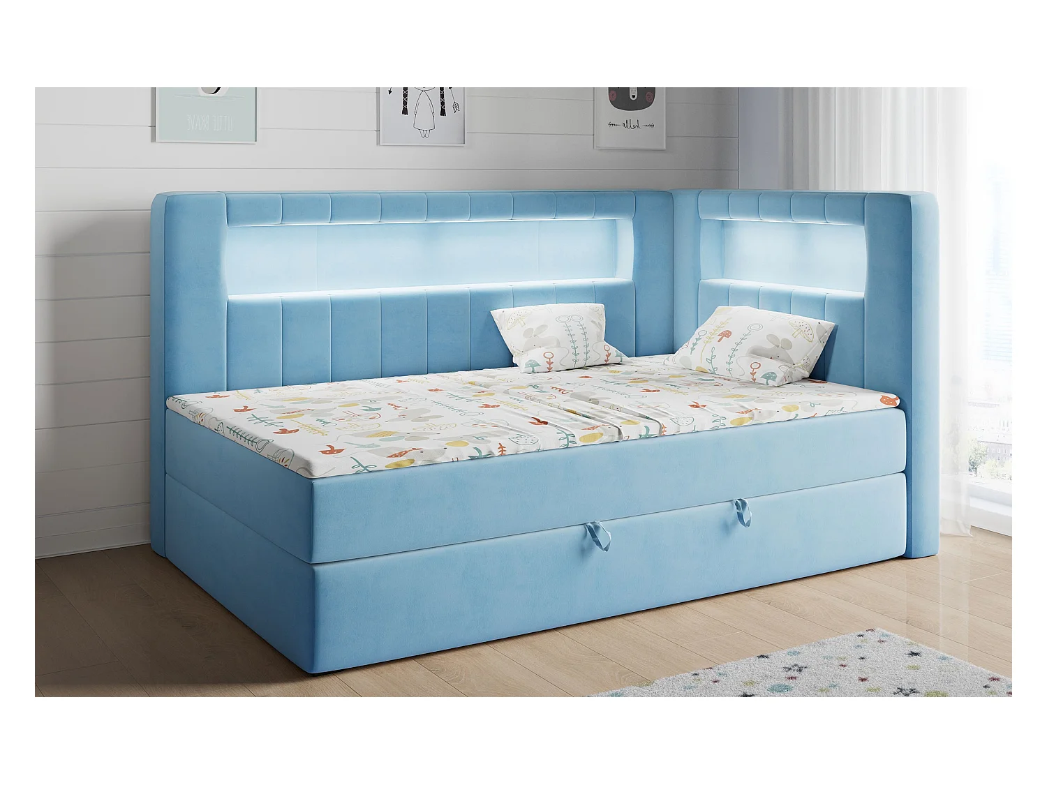 Kinderbett JUNIOR GOLD 3 - Einzelbett mit Matratze, LED-Beleuchtung, Bettkasten - 90x200 cm - Rechts Seite